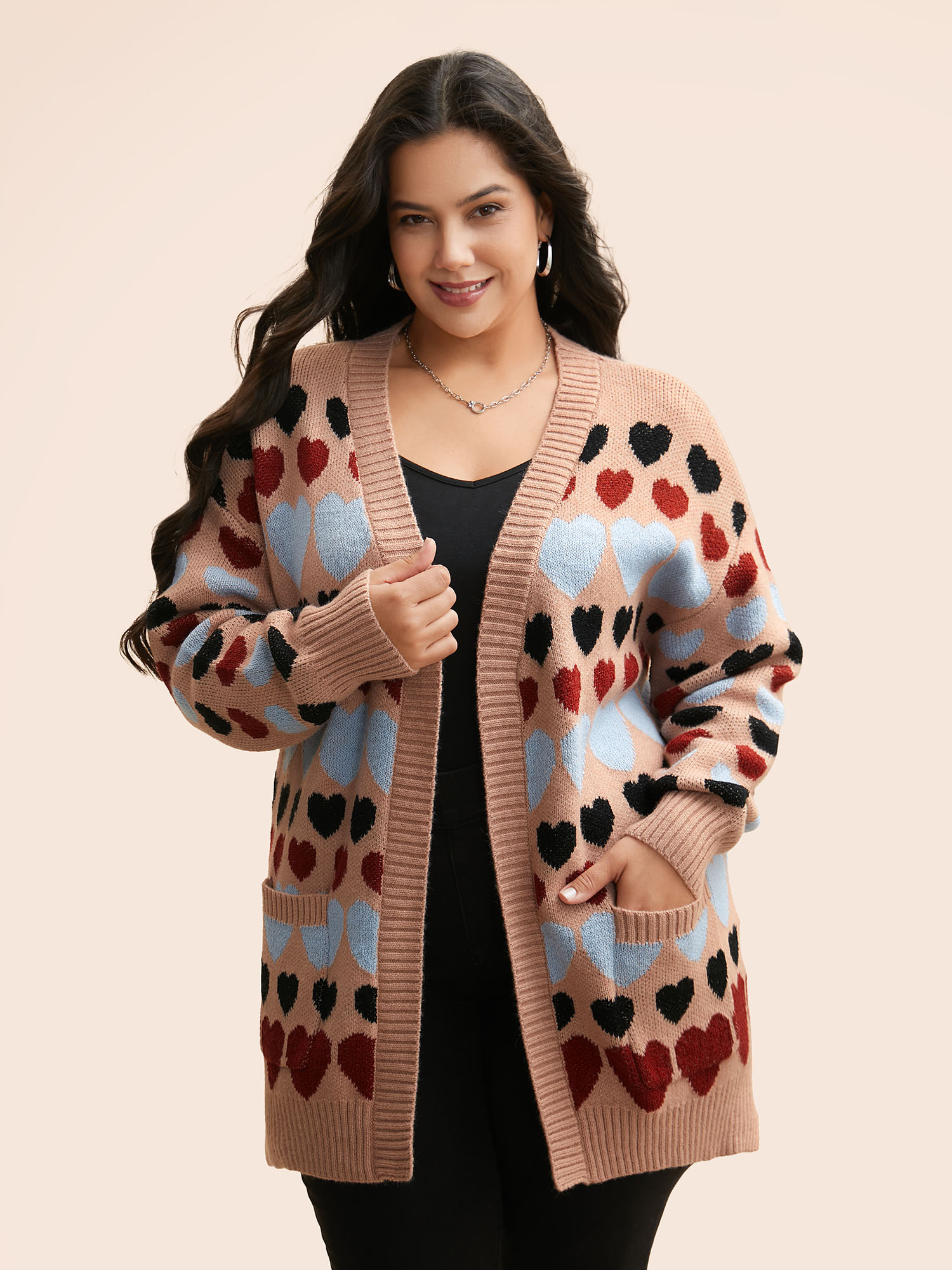 

Plus Size Contrast Heart Patch Pocket Cardigan Nudepink Women Casual Loose Long Sleeve Everyday Cardigans BloomChic