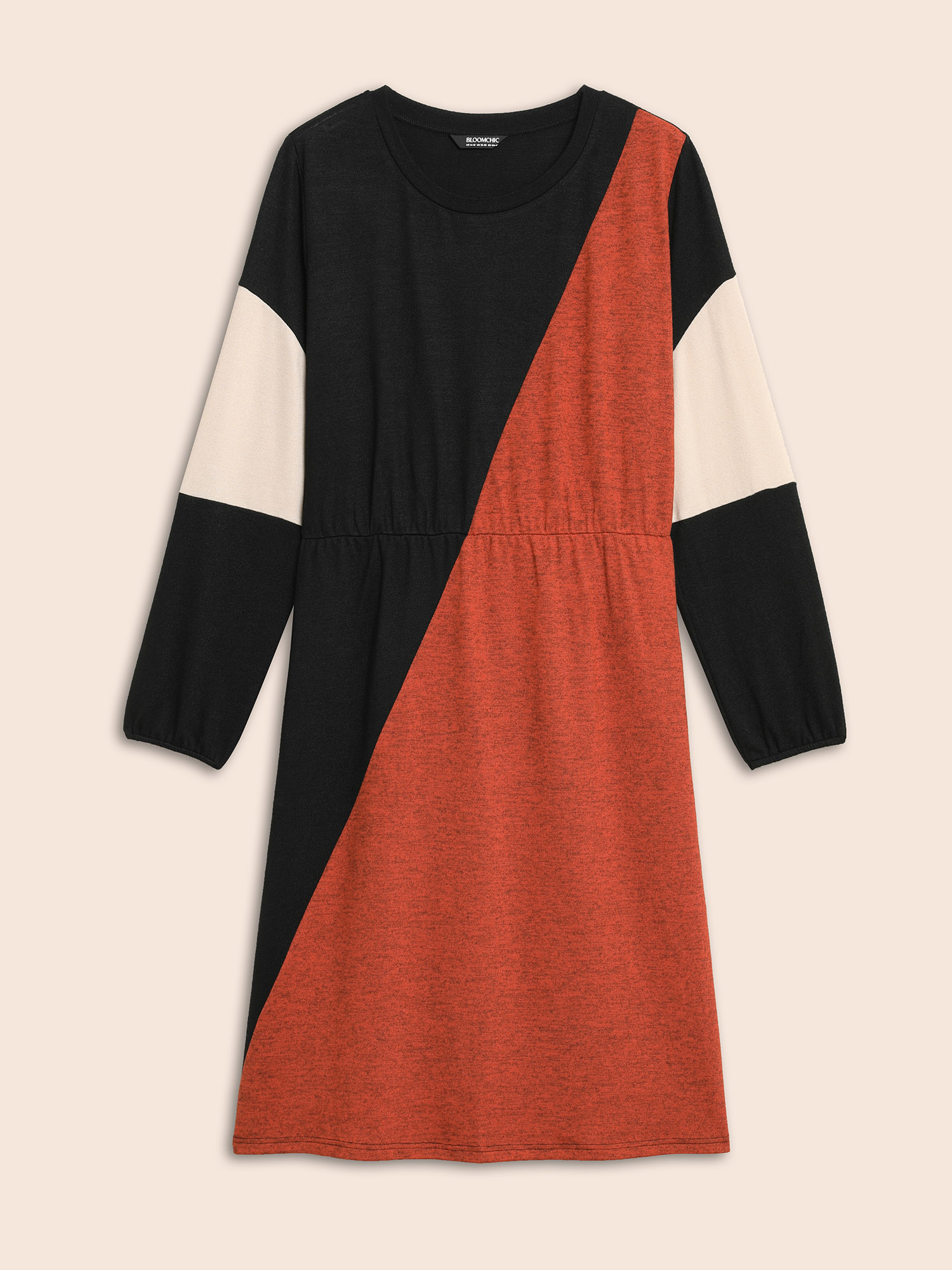 

Plus Size Contrast Patchwork Lantern Sleeve Dress Black Women Casual Contrast Round Neck Long Sleeve Curvy BloomChic