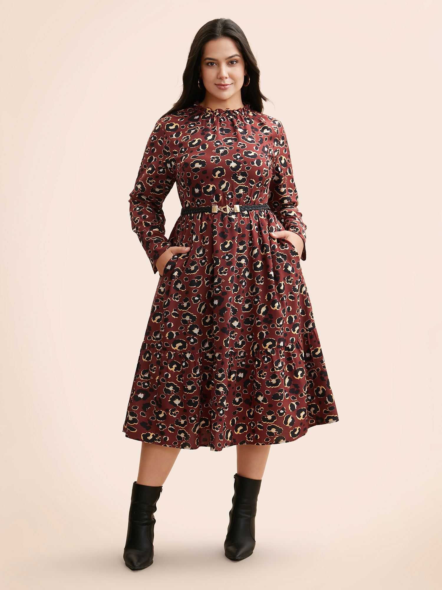 

Plus Size Leopard Print Mock Neck Frill Trim Dress Russet Women Elegant Frill Trim Mock Neck Long Sleeve Curvy BloomChic