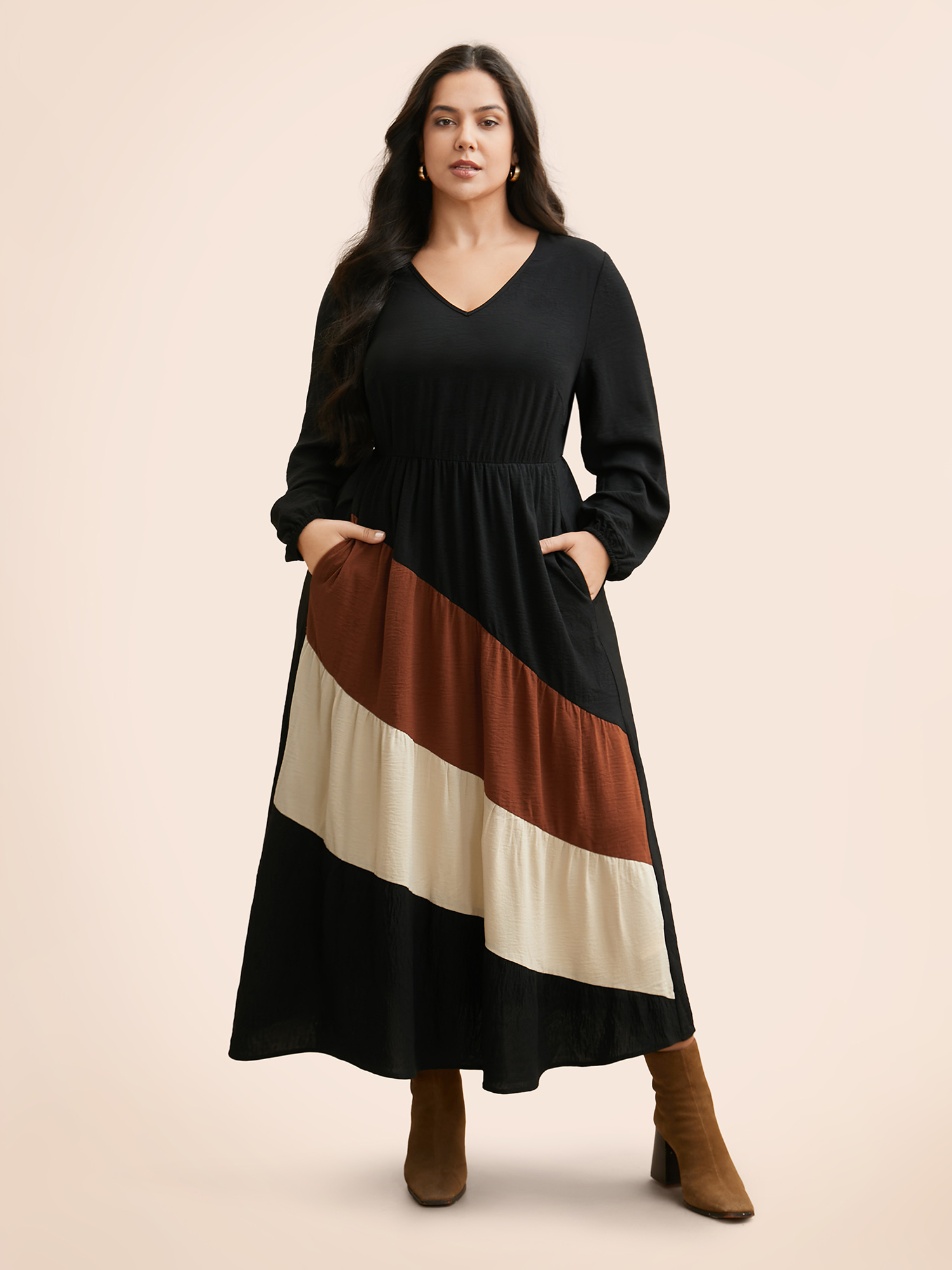 

Plus Size Colorblock Contrast Gathered Lantern Sleeve Dress Black Women Elegant Contrast V-neck Long Sleeve Curvy BloomChic