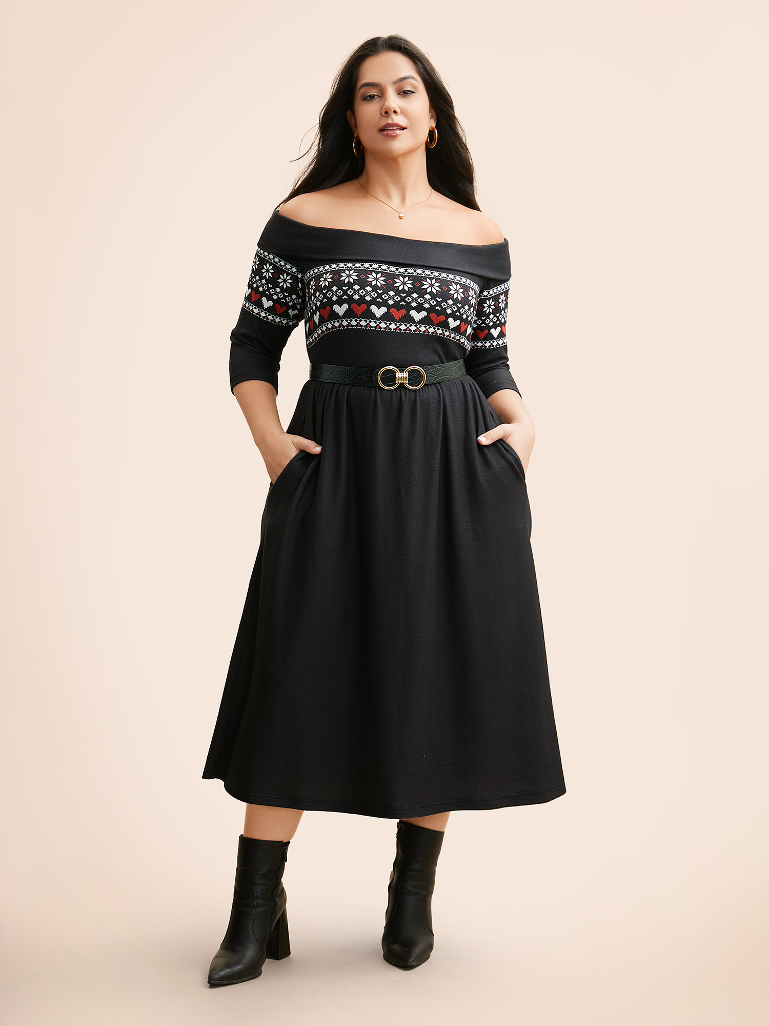 

Plus Size Geometric One Shoulder Neck Midi Dress Black Women Elegant Non One-shoulder neck Elbow-length sleeve Curvy BloomChic