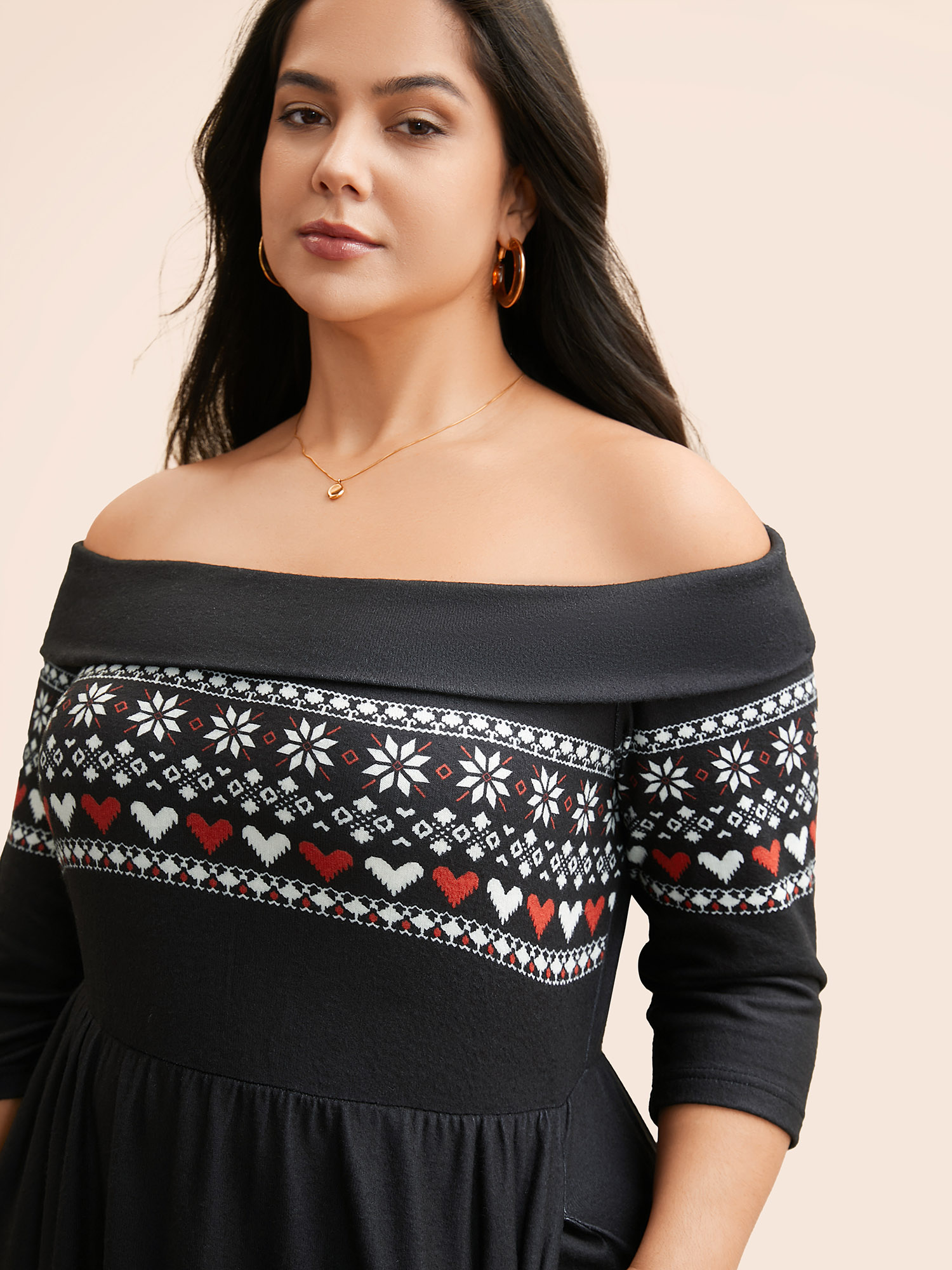 Plus Size Geometric One Shoulder Neck Midi Dress Black Women Elegant Non One-shoulder neck Elbow-length sleeve Curvy BloomChic 28/5X 