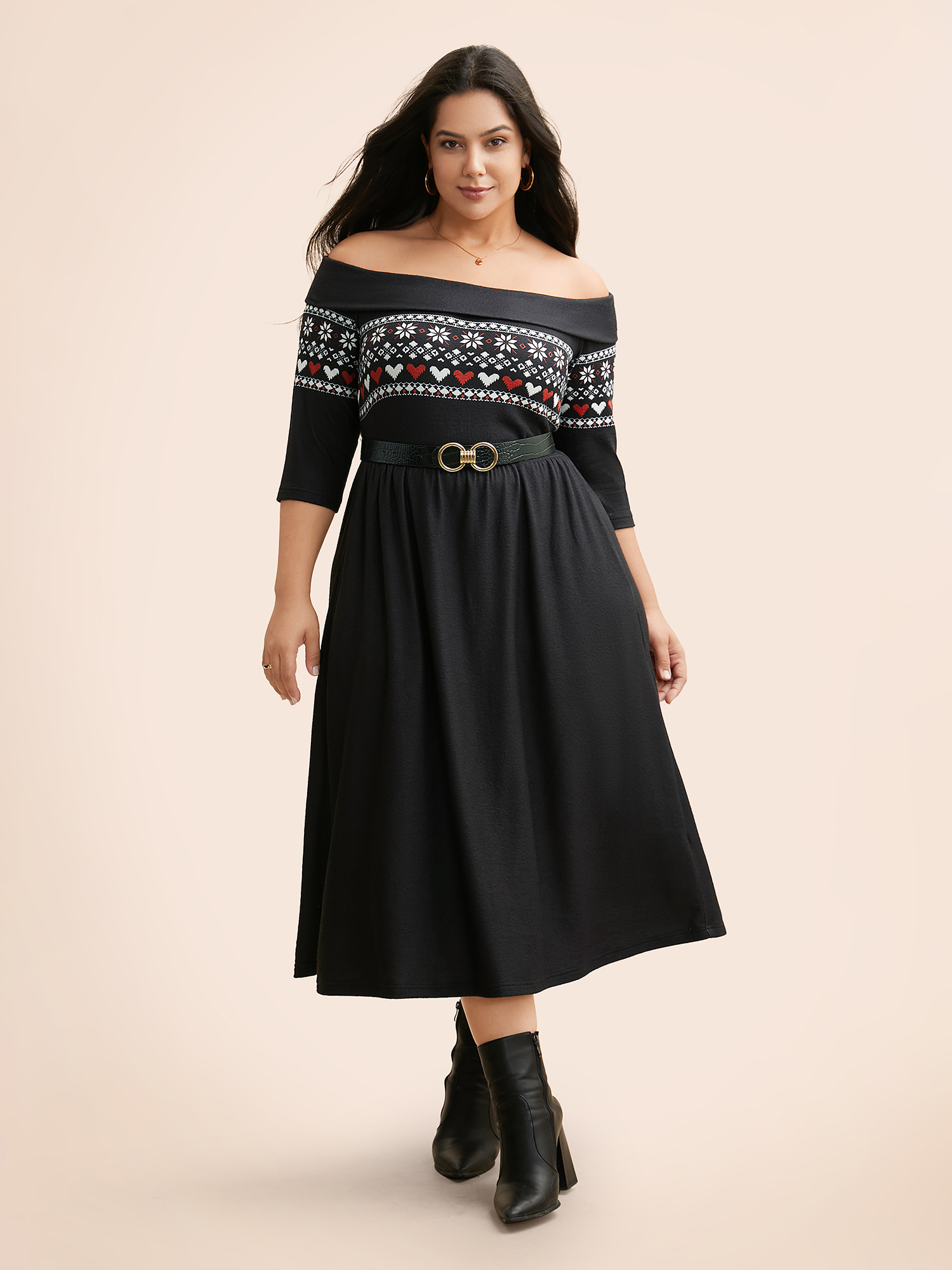 Plus Size Geometric One Shoulder Neck Midi Dress Black Women Elegant Non One-shoulder neck Elbow-length sleeve Curvy BloomChic 28/5X 
