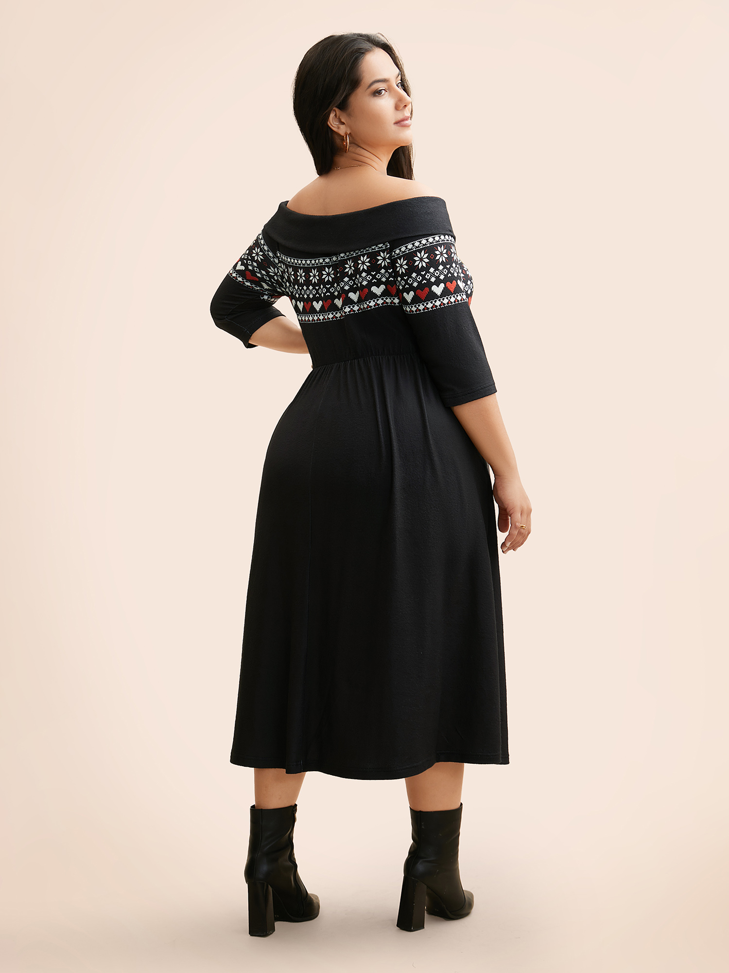 

Plus Size Geometric Off Shoulder Neck Midi Dress Black Women Elegant Non One-shoulder neck Elbow-length sleeve Curvy BloomChic