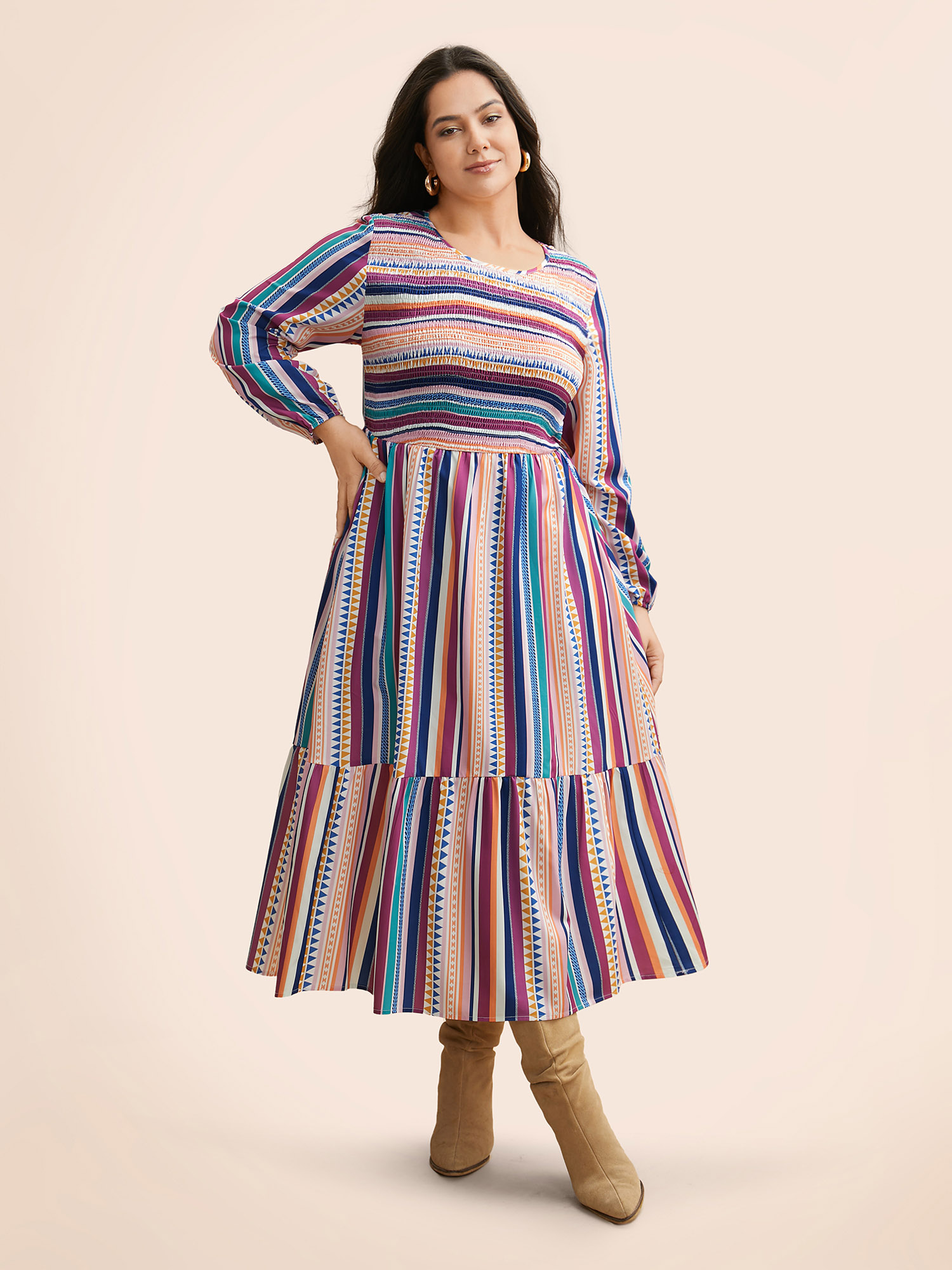 

Plus Size Contrast Striped Shirred Ruffle Hem Dress Multicolor Women Resort Shirred Round Neck Long Sleeve Curvy BloomChic