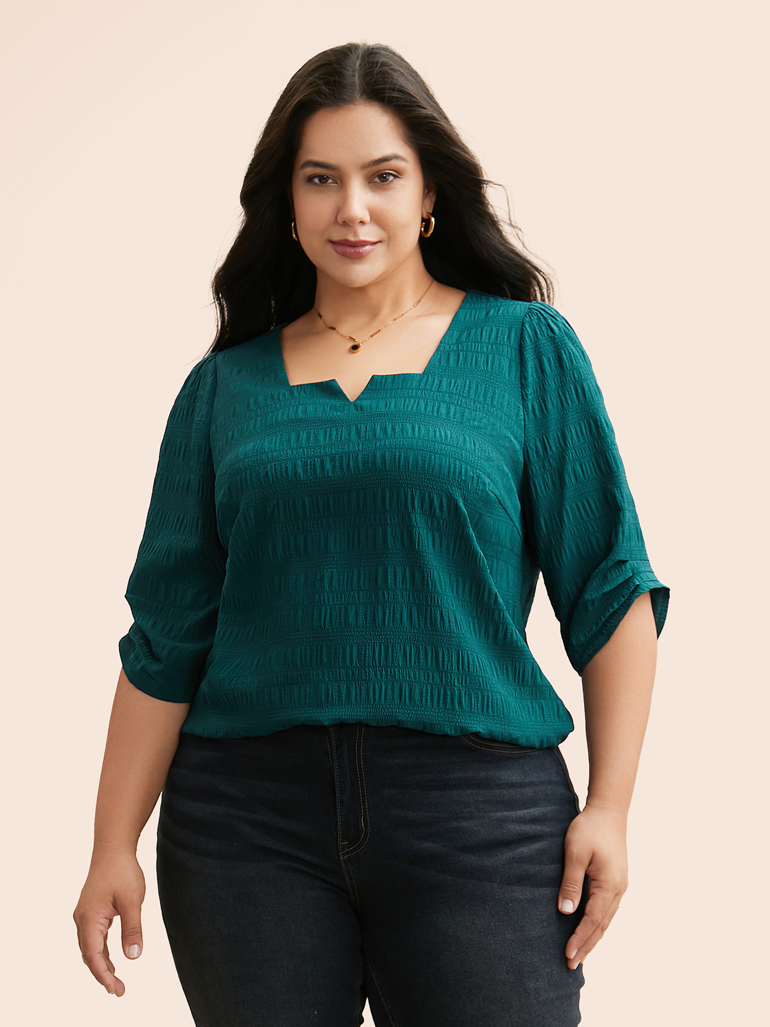 

Plus Size Cyan Solid Textured Notched Pleated Blouse Women Elegant Half Sleeve Notched collar Everyday Blouses BloomChic