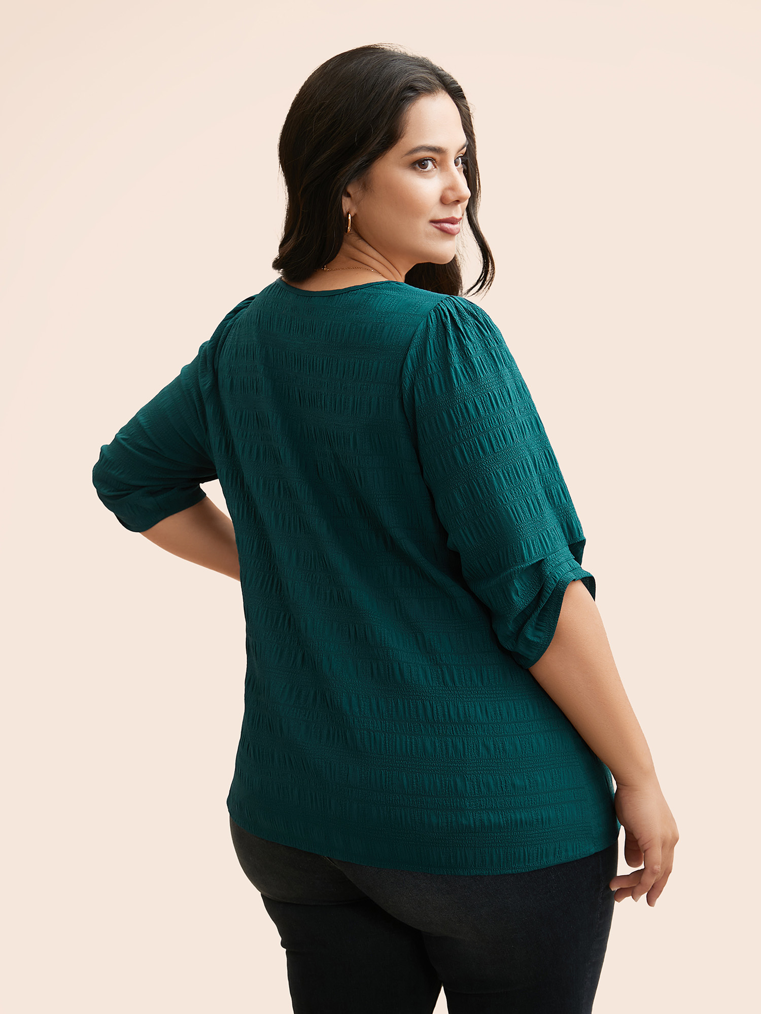 

Plus Size Cyan Solid Textured Notched Pleated Blouse Women Elegant Half Sleeve Notched collar Everyday Blouses BloomChic