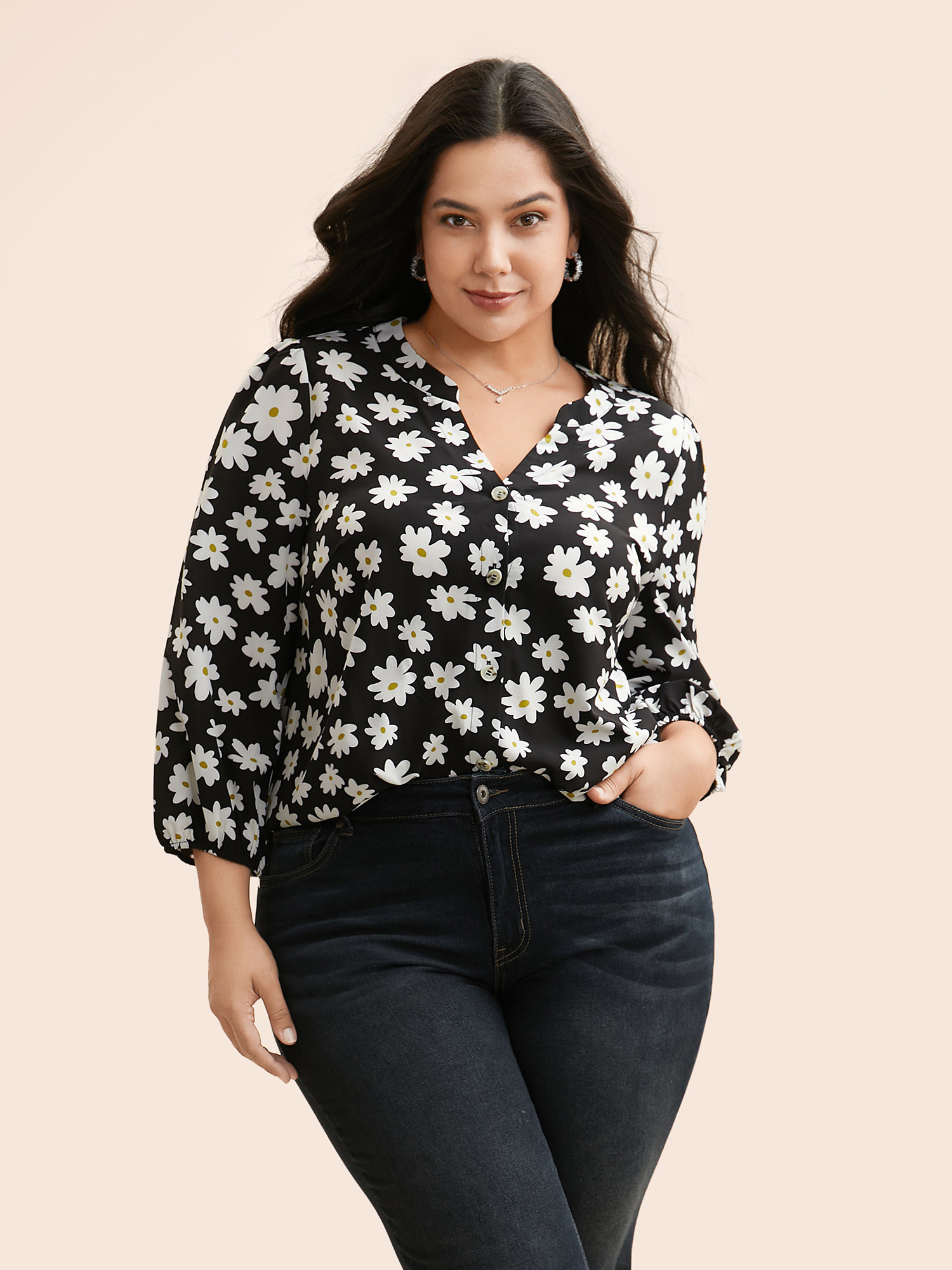 

Plus Size Natural Flower Print Button Up Shirt BlackFlower Elbow-length sleeve Flat collar with V-notch Casual Shirts