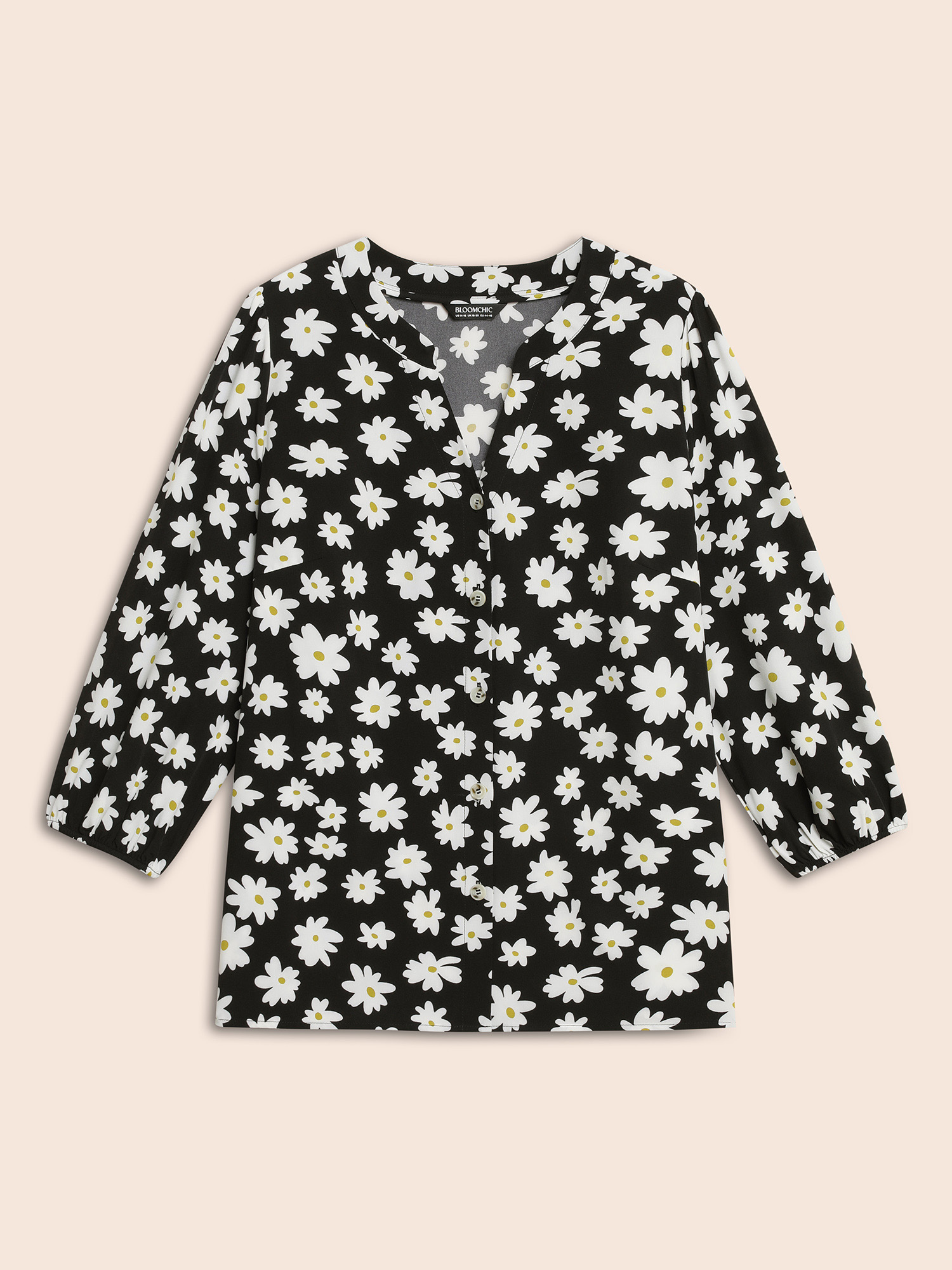 

Plus Size Natural Flower Print Button Up Shirt BlackFlower Elbow-length sleeve Flat collar with V-notch Casual Shirts