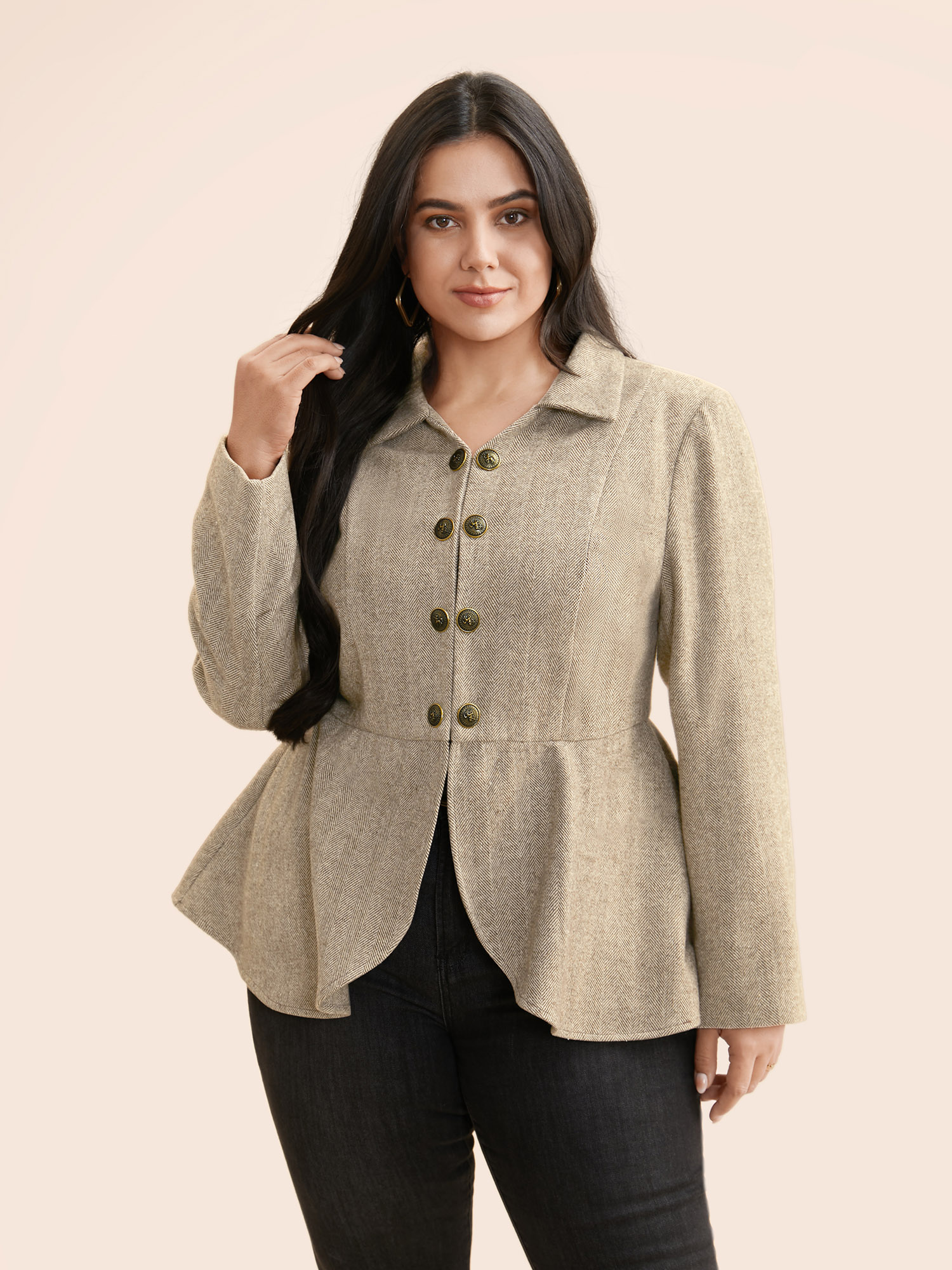 

Plus Size Lapel Collar Metal Detail Jacket Women Beige Button Bodycon Everyday Jackets BloomChic