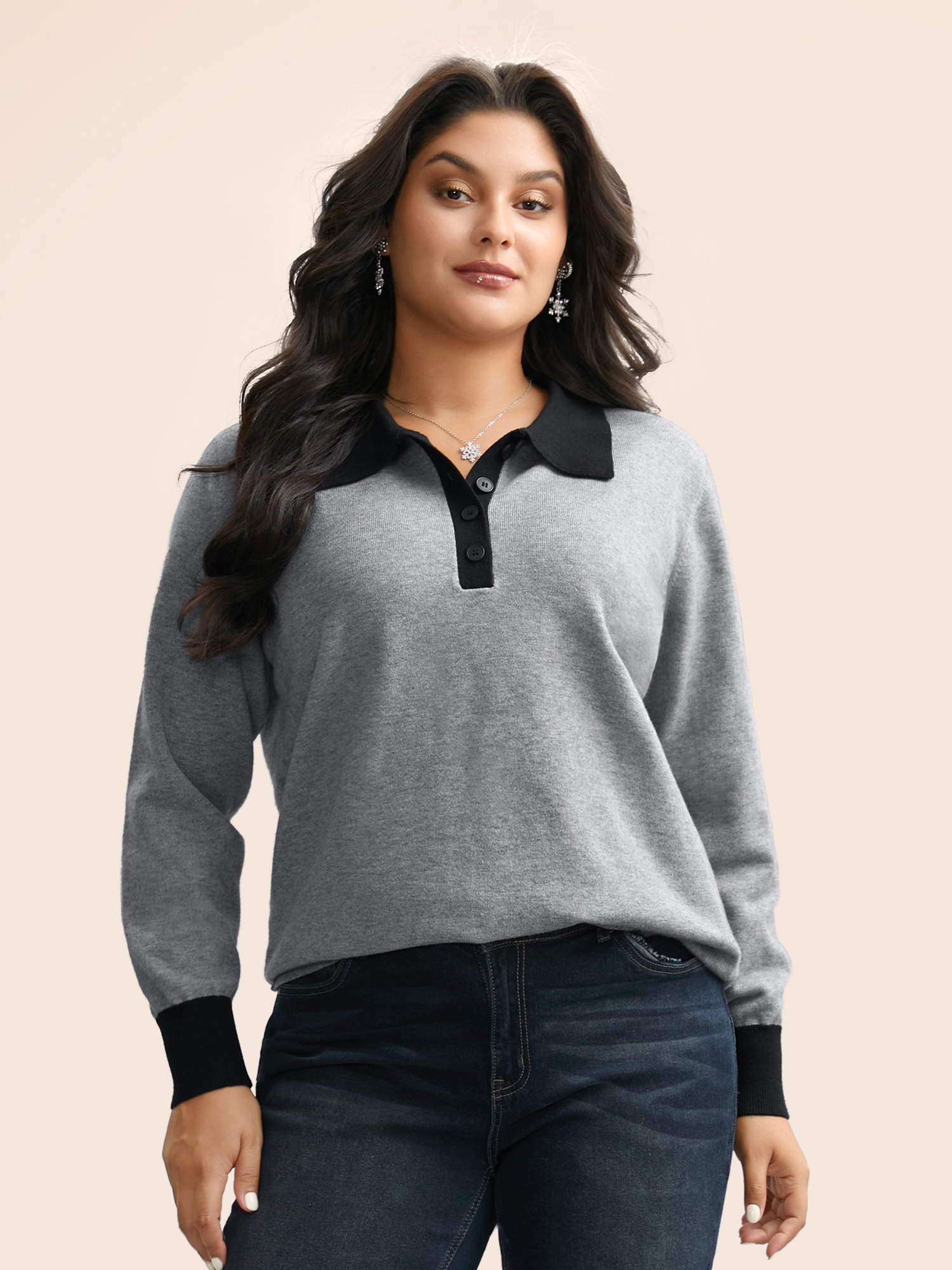 

Plus Size Supersoft Essentials Contrast Polo Neck Button Up Pullover Mediumgray Women Casual Loose Long Sleeve Polo Everyday Pullovers BloomChic