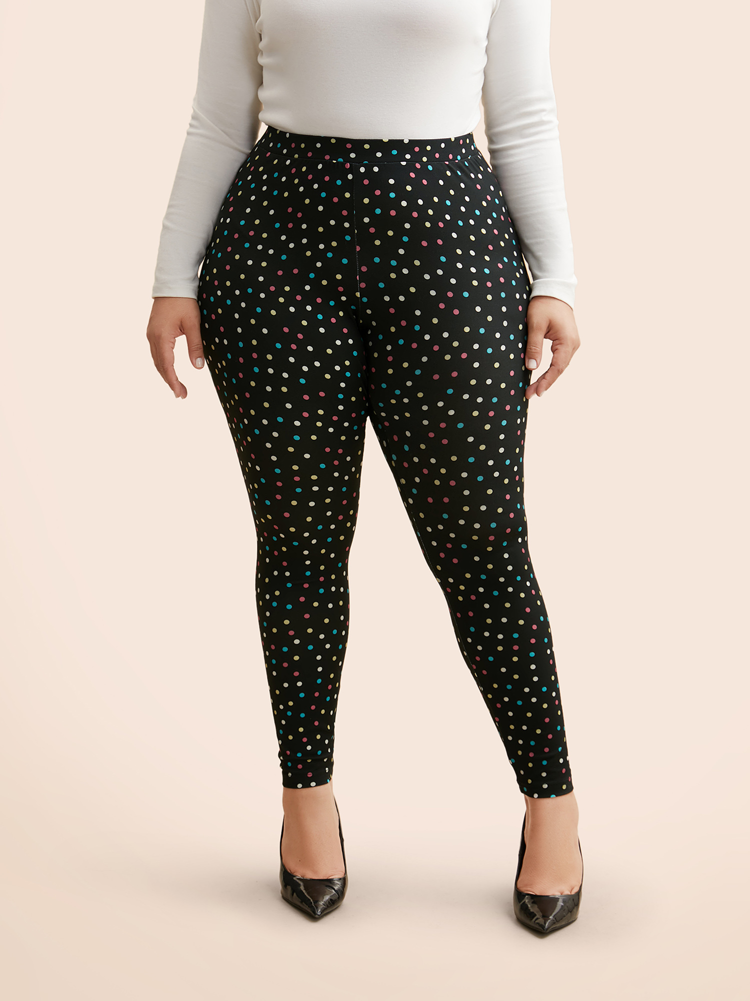 

Plus Size Color Polka Dot Mid Rise Skinny Leggings Women Black At the Office Medium stretch Skinny Mid Rise Work Leggings BloomChic