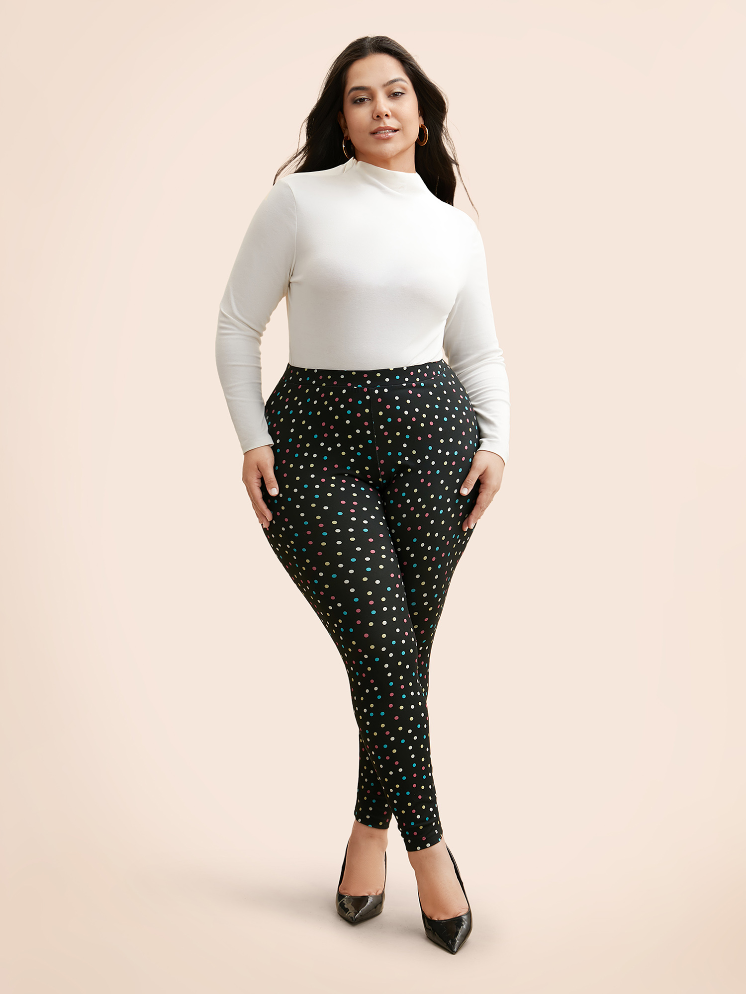 Plus Size Color Polka Dot Mid Rise Skinny Leggings Women Black At the Office Medium stretch Skinny Mid Rise Work Leggings BloomChic 30/6X 