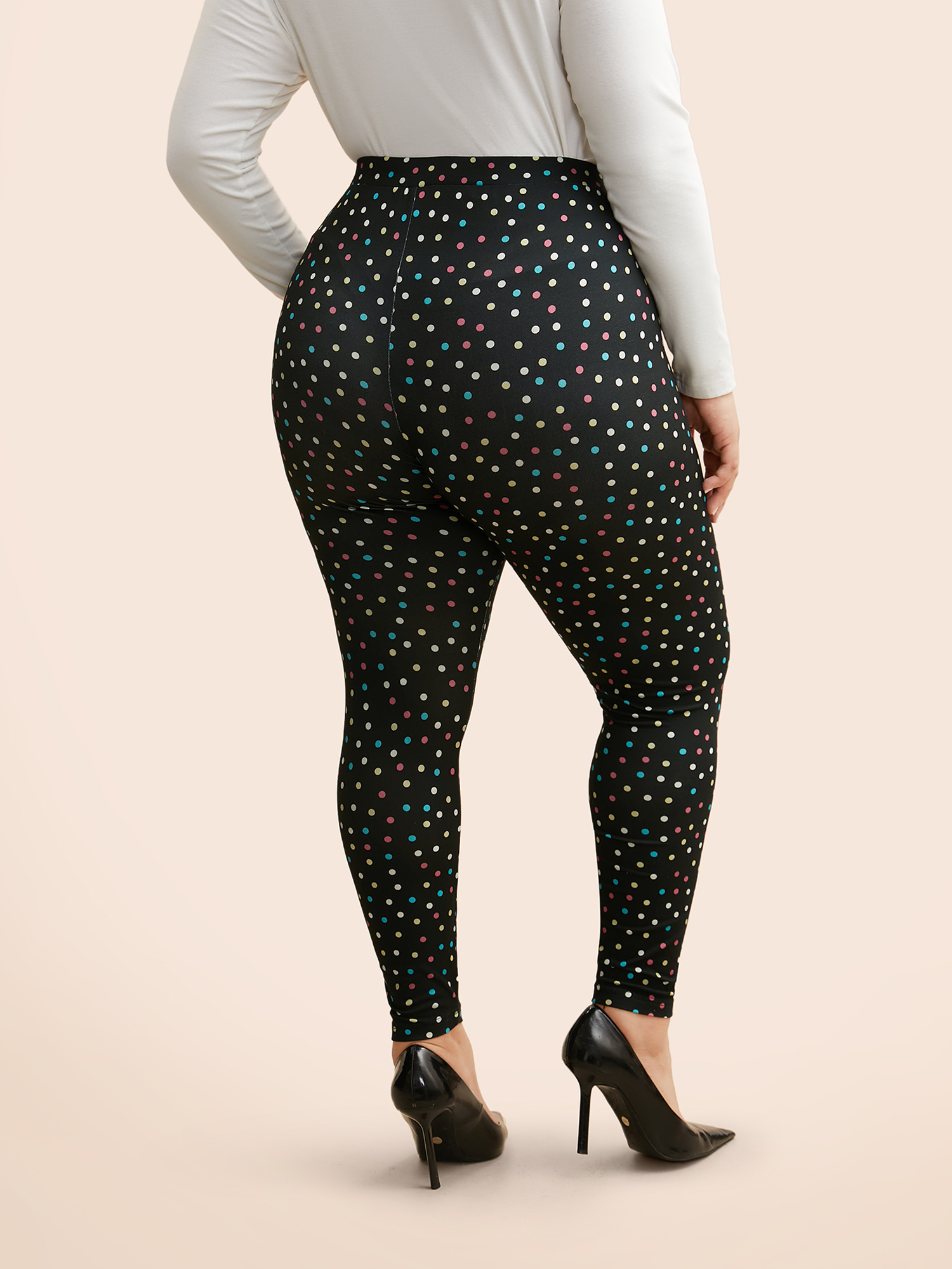 Plus Size Color Polka Dot Mid Rise Skinny Leggings Women Black At the Office Medium stretch Skinny Mid Rise Work Leggings BloomChic 30/6X 