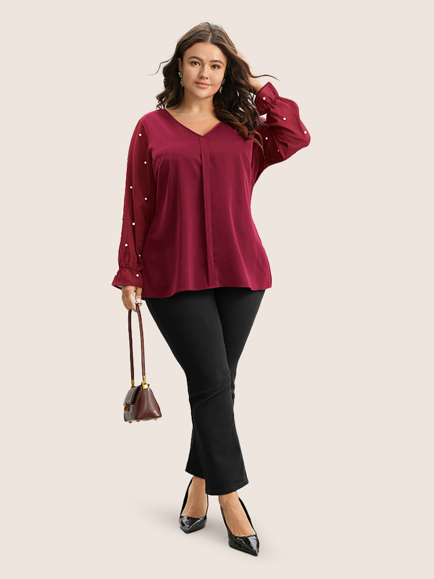 

Plus Size Scarlet Pearl Beaded Mesh Patchwork Ruffles Blouse Women Cocktail Long Sleeve V-neck Party Blouses BloomChic