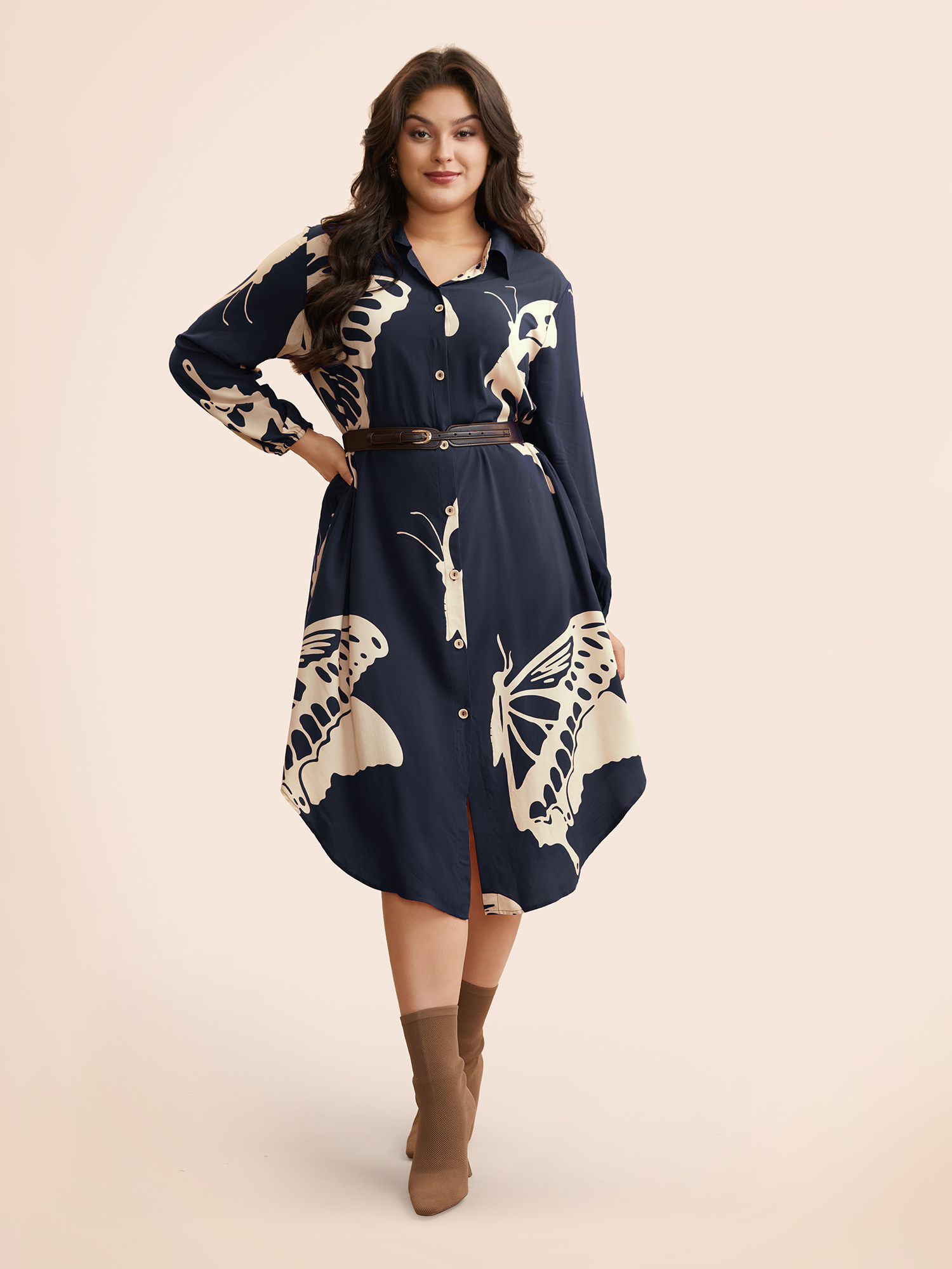 

Plus Size Butterfly Print Curved Hem Midi Dress Navy Women Elegant Button Shirt collar Long Sleeve Curvy BloomChic