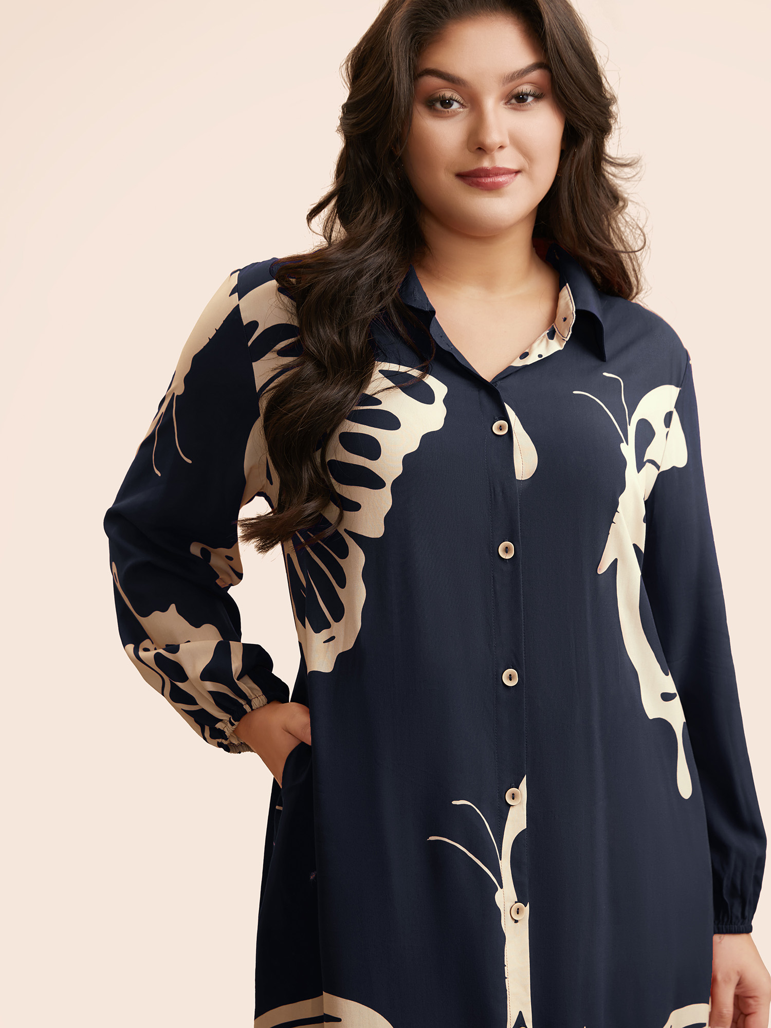 

Plus Size Butterfly Print Curved Hem Midi Dress Navy Women Elegant Button Shirt collar Long Sleeve Curvy BloomChic