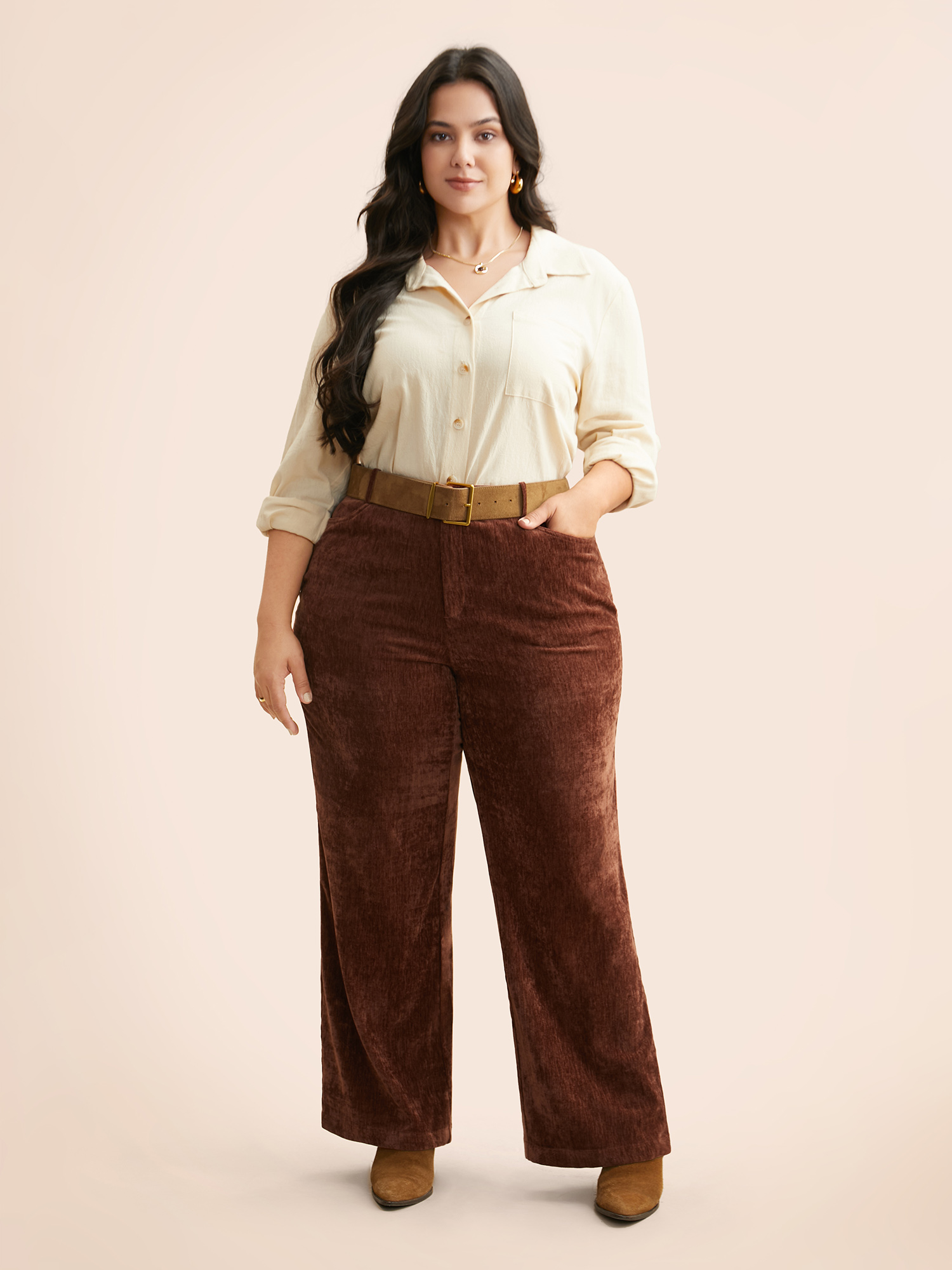Plus Size Mid Rise Chenille Bootcut Pants Women Browncoffeecolor Elegant Bootcut Mid Rise Everyday Pants BloomChic 10/M 