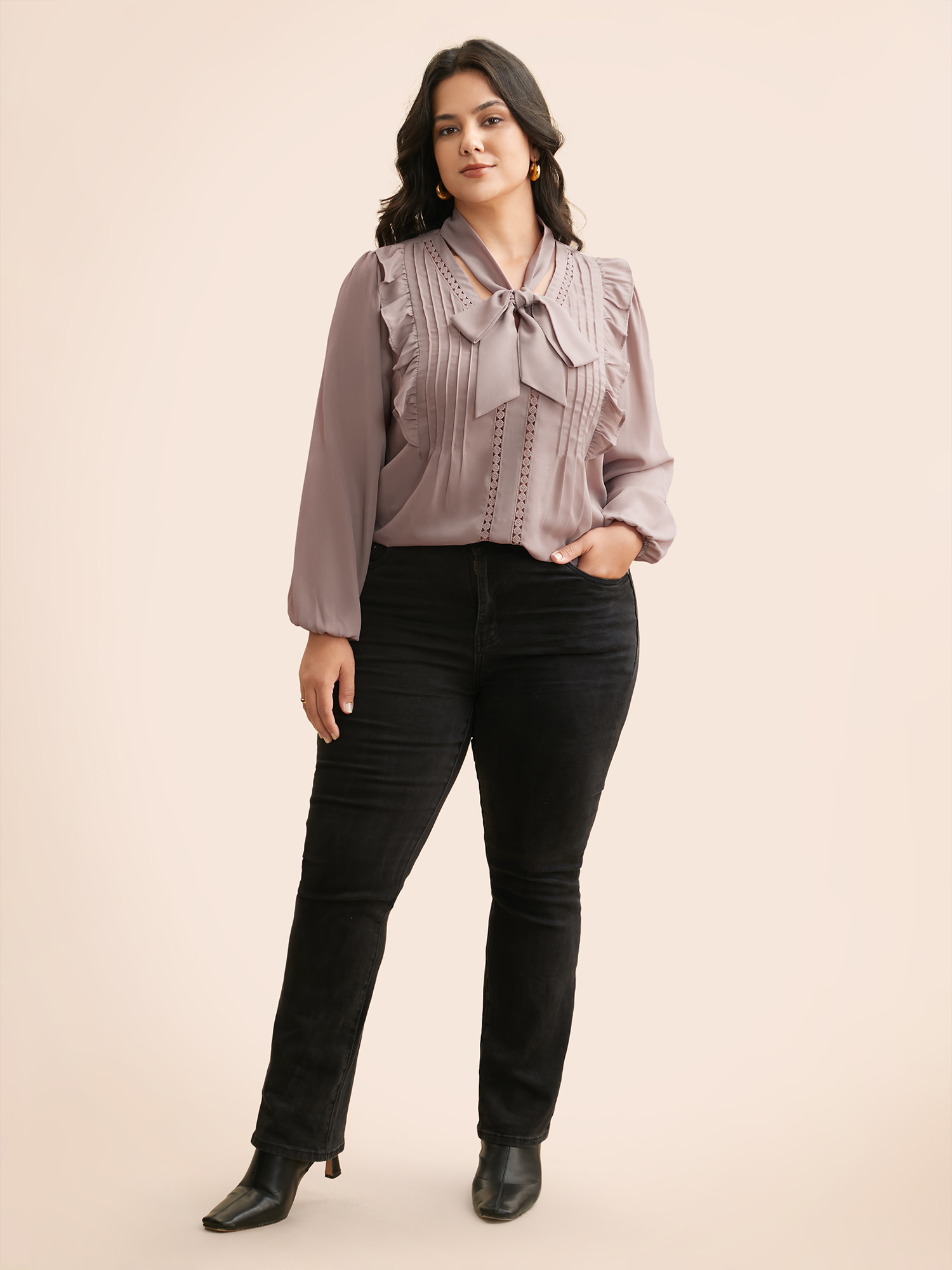 Plus Size Dirtypink Ribbon Tied Collar Ruffles Lantern Sleeve Blouse Women Elegant Long Sleeve Ribbon-tied collar Everyday Blouses BloomChic 18-20/2X 