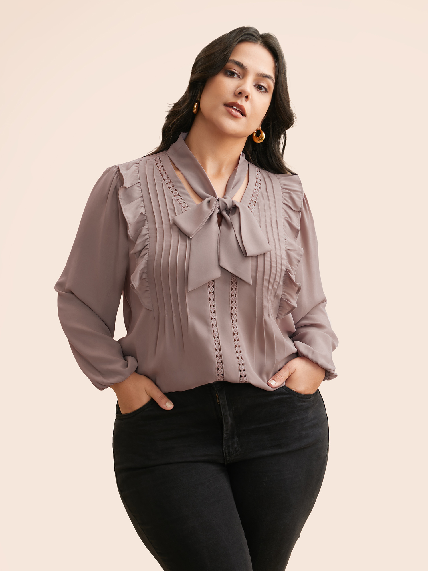 Plus Size Dirtypink Ribbon Tied Collar Ruffles Lantern Sleeve Blouse Women Elegant Long Sleeve Ribbon-tied collar Everyday Blouses BloomChic 18-20/2X 
