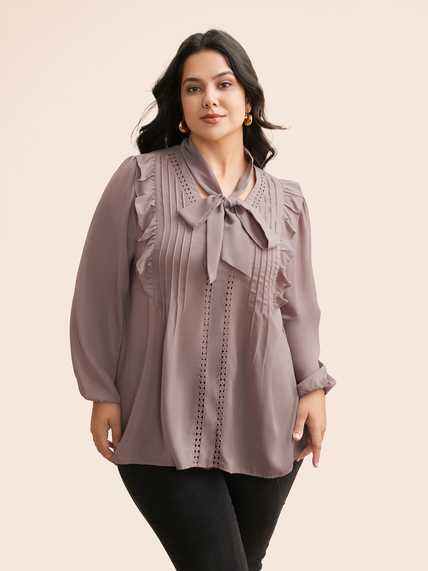 Plus Size Dirtypink Ribbon Tied Collar Ruffles Lantern Sleeve Blouse Women Elegant Long Sleeve Ribbon-tied collar Everyday Blouses BloomChic 18-20/2X 