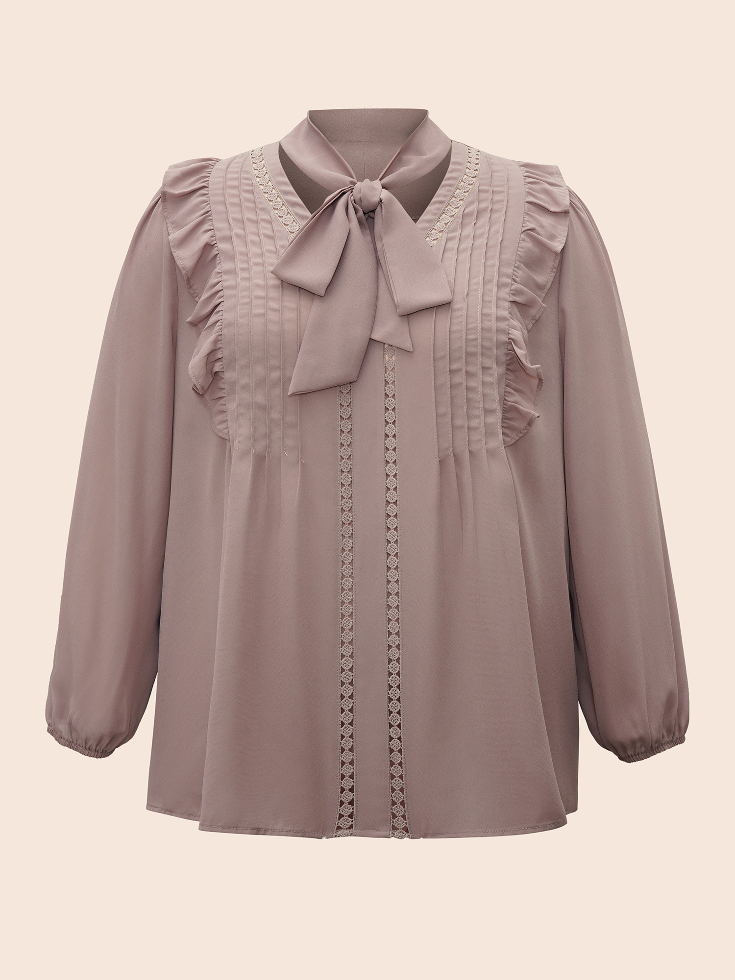 Plus Size Dirtypink Ribbon Tied Collar Ruffles Lantern Sleeve Blouse Women Elegant Long Sleeve Ribbon-tied collar Everyday Blouses BloomChic 18-20/2X 