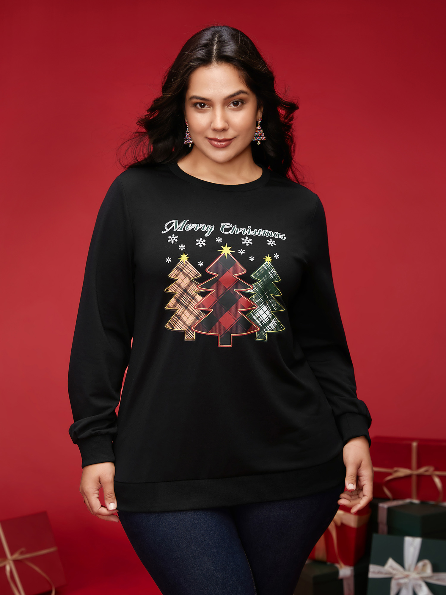 

Plus Size Merry And Bright Printed Crew-Neck Sweatshirt Women Black Casual Slit Round Neck Everyday Sweatshirts BloomChic