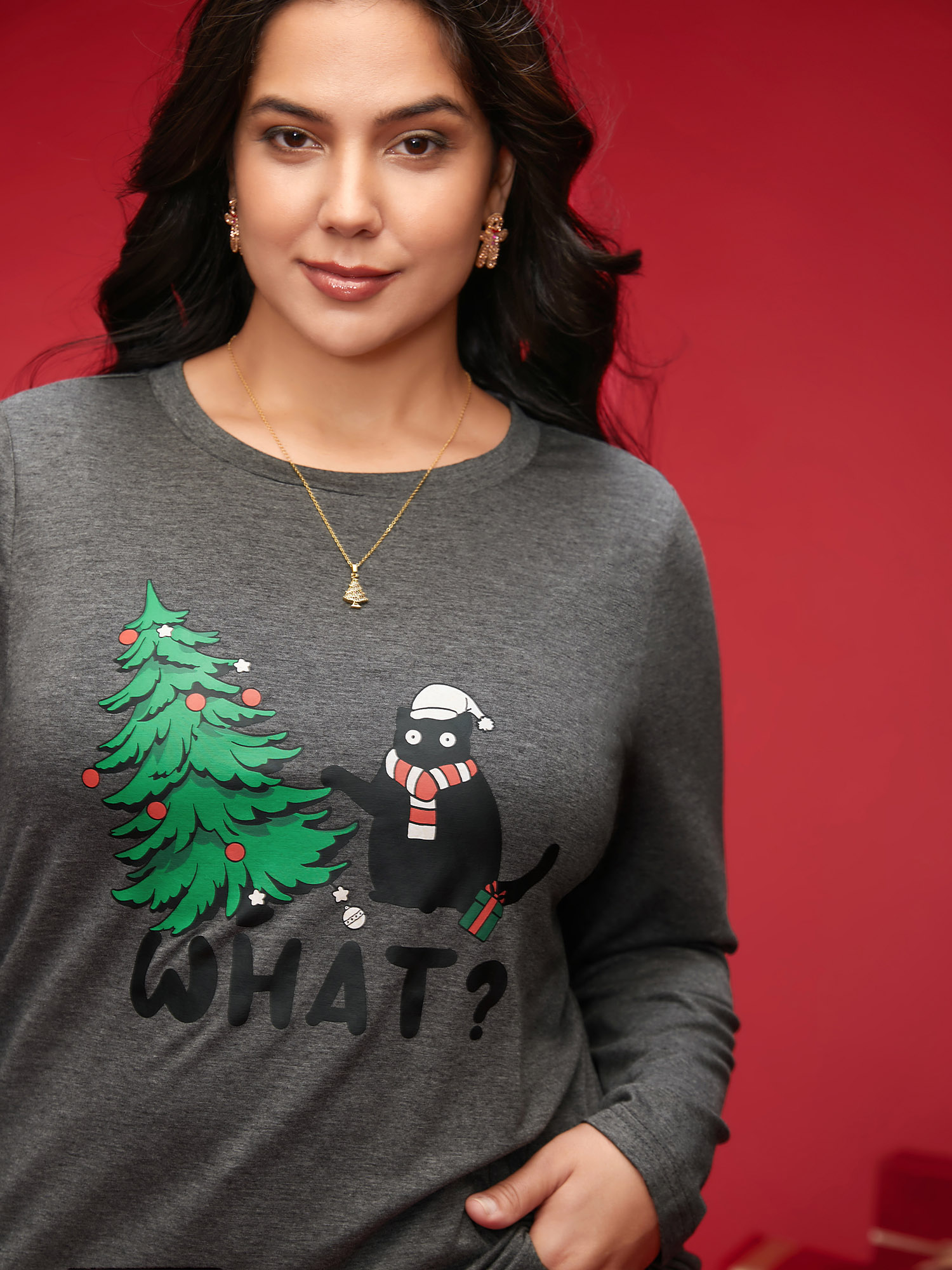 

Plus Size Festive Cat And Tree Printed Slim-Fit Tee DimGray Women Casual Non Christmas Round Neck Everyday T-shirts BloomChic