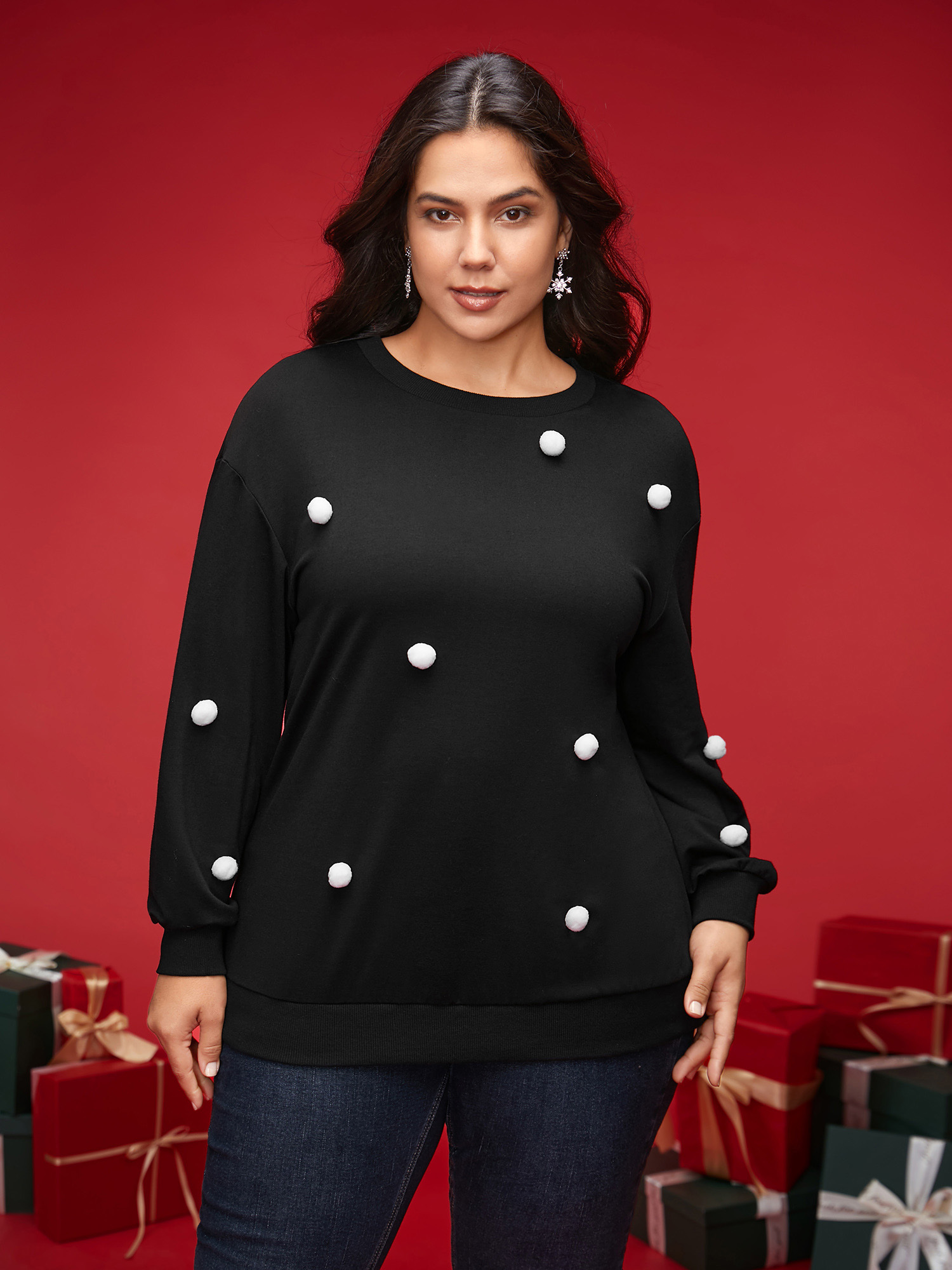 

Plus Size 3D Dots Round Neck Relaxed Fit Sweatshirt Women Black Casual Patchwork Round Neck Everyday Sweatshirts BloomChic