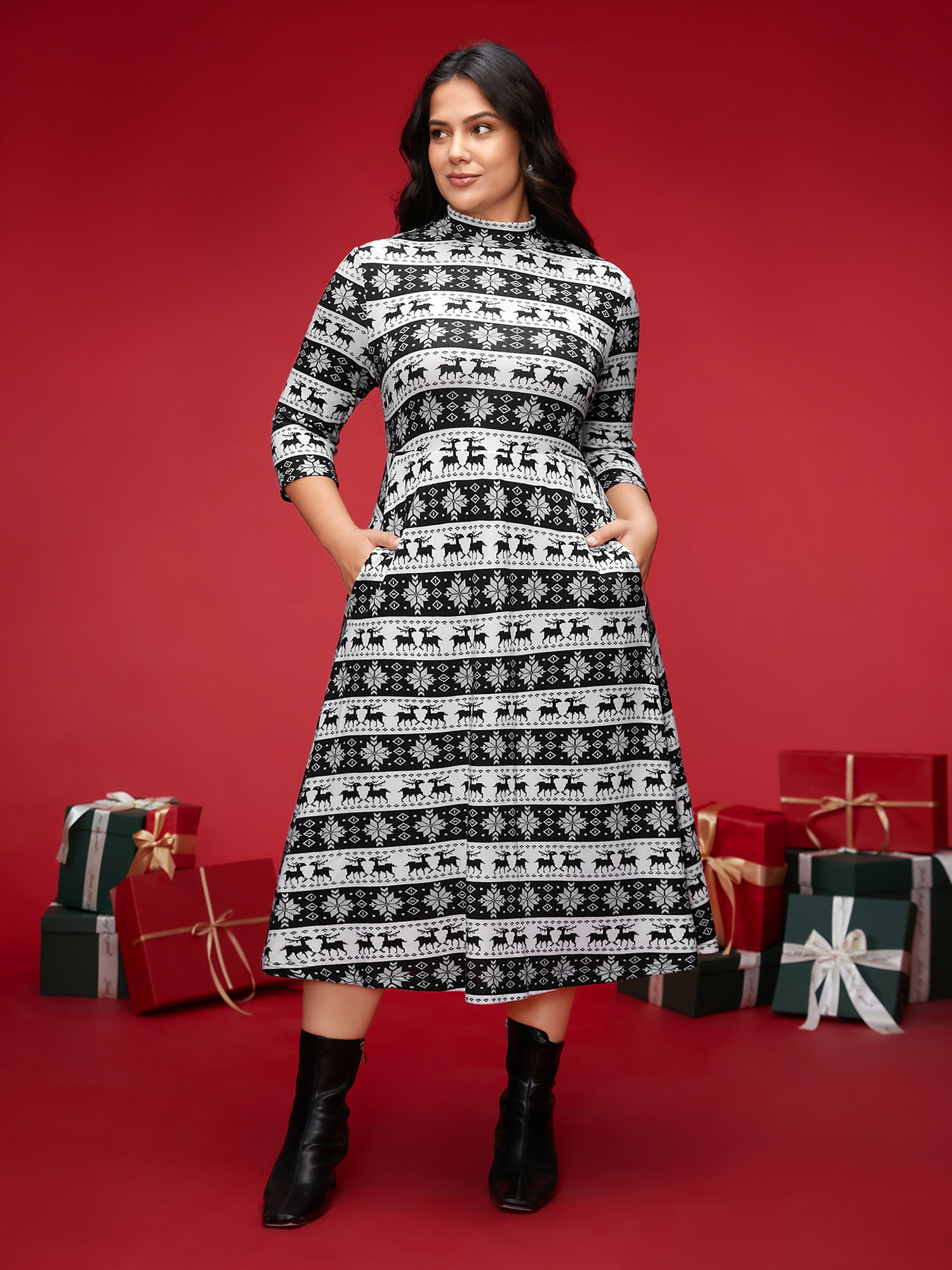 

Plus Size Festive Striped Mock Neck Midi Dress Black Women Casual Non Party Curvy Bloomchic