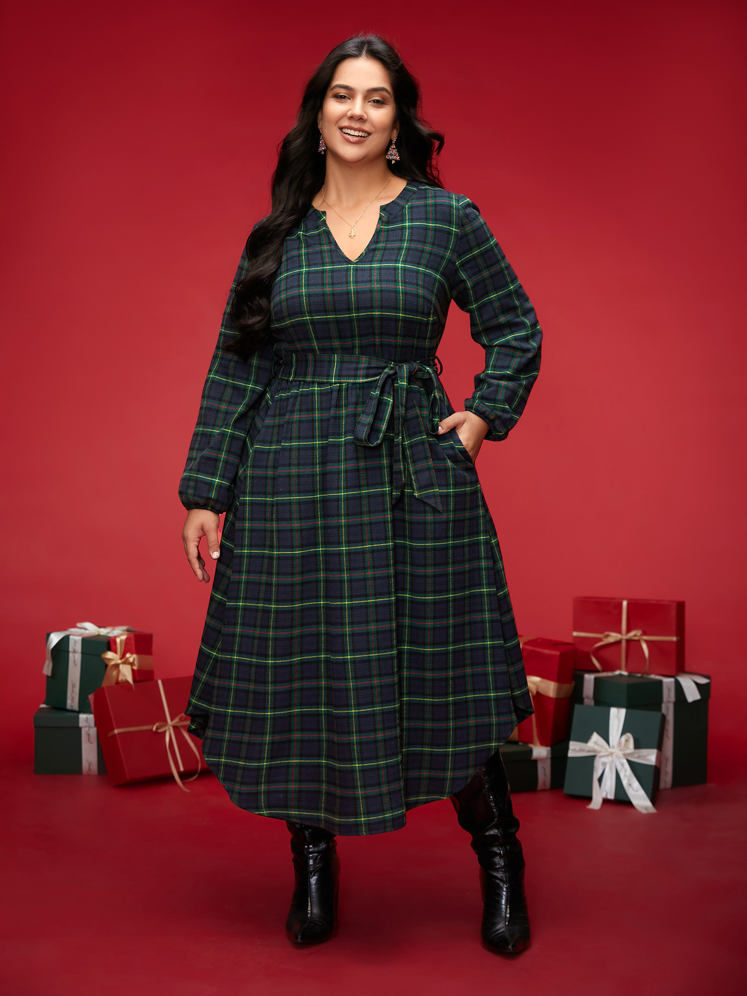 

Plus Size Notched Collar Plaid Pattern Belted Midi Dress Navy Women At the Office Belted Flat collar with V-notch Long Sleeve Curvy BloomChic