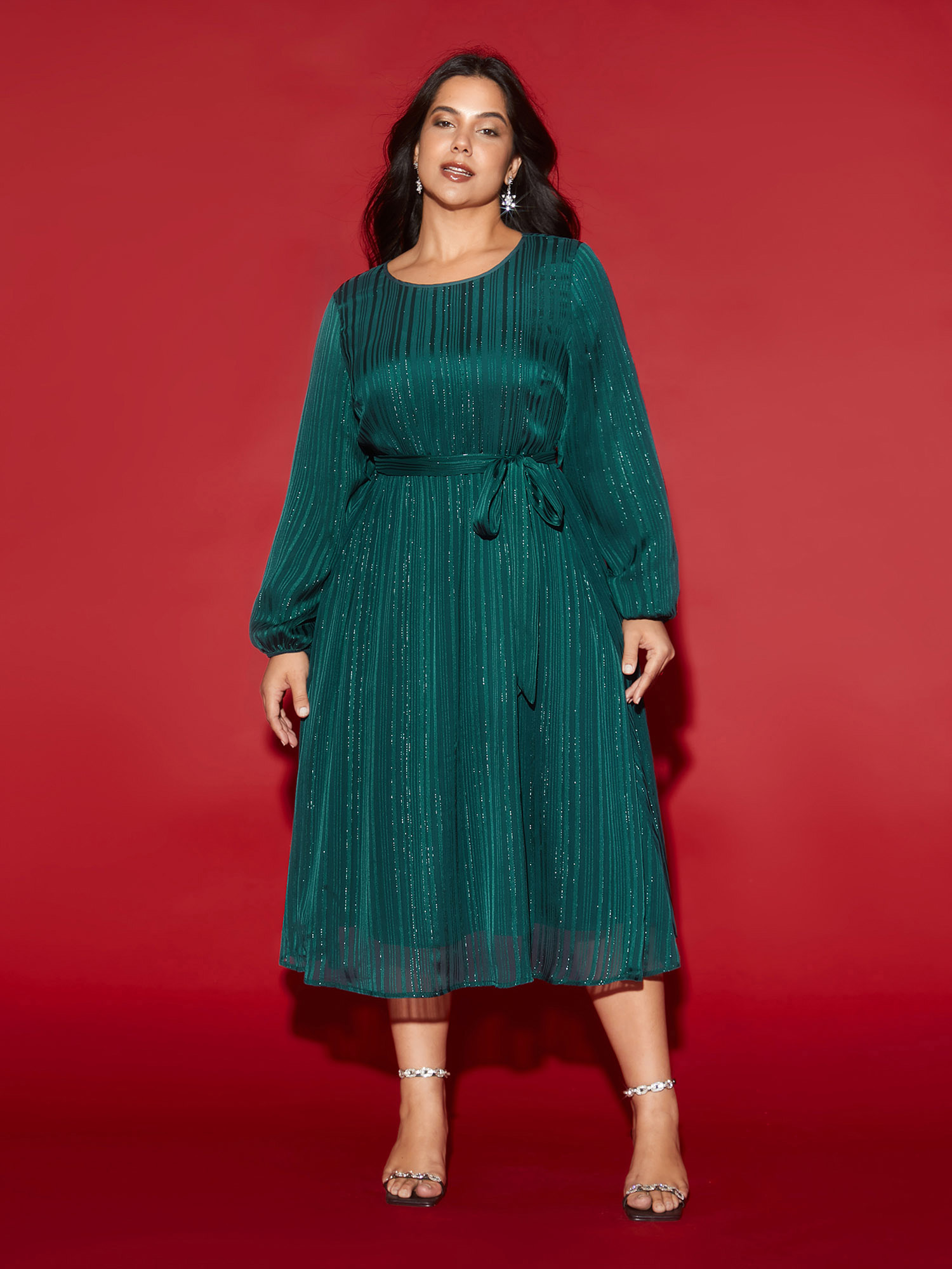 

Plus Size Shimmery Silver Thread Waist-Tie Midi Dress Teal Women Cocktail Texture Round Neck Long Sleeve Curvy BloomChic