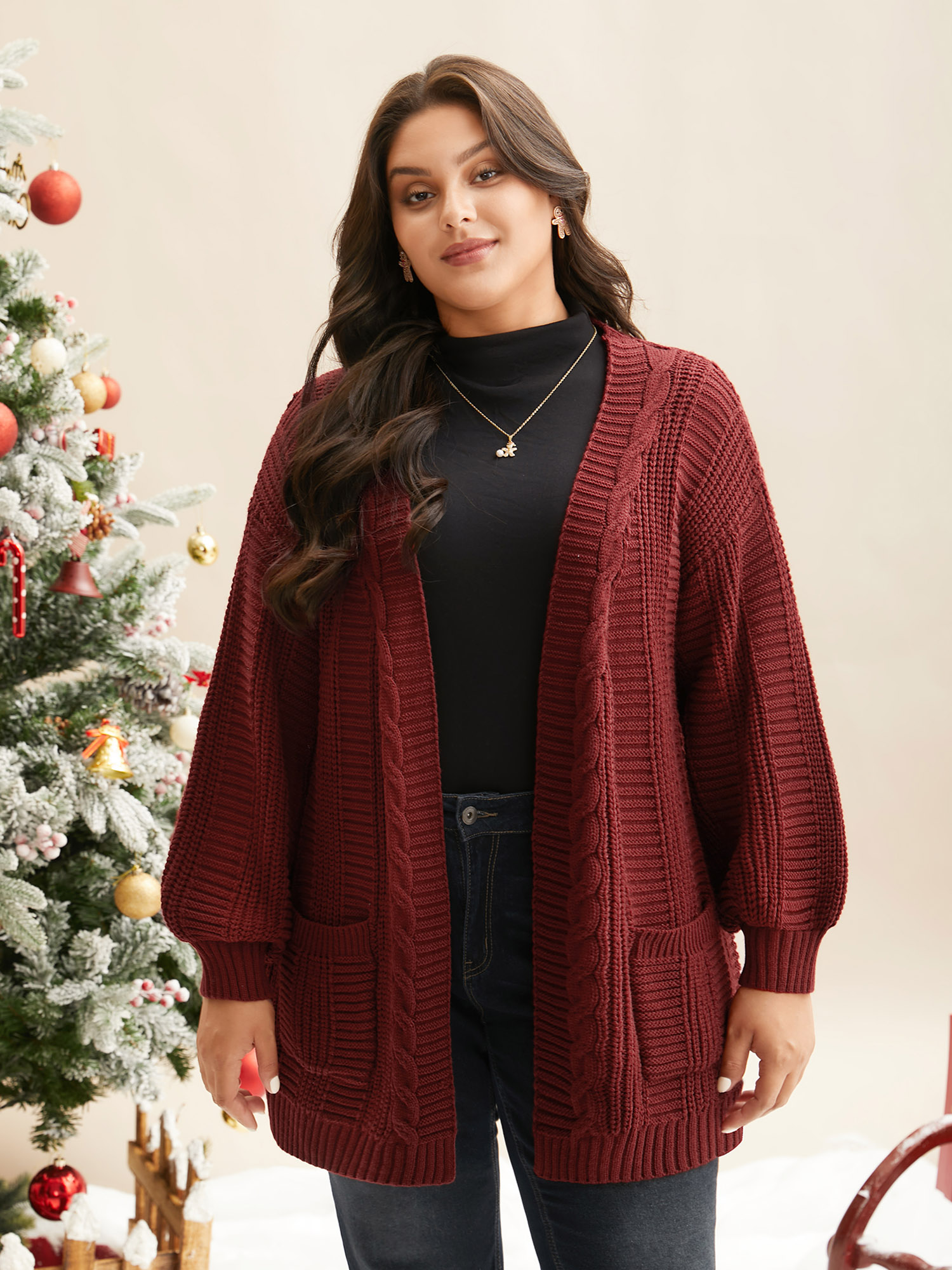 

Plus Size Cable Knit Ribbed Detailing Open Front Cardigan Deepred Women Casual Loose Long Sleeve Everyday Cardigans BloomChic