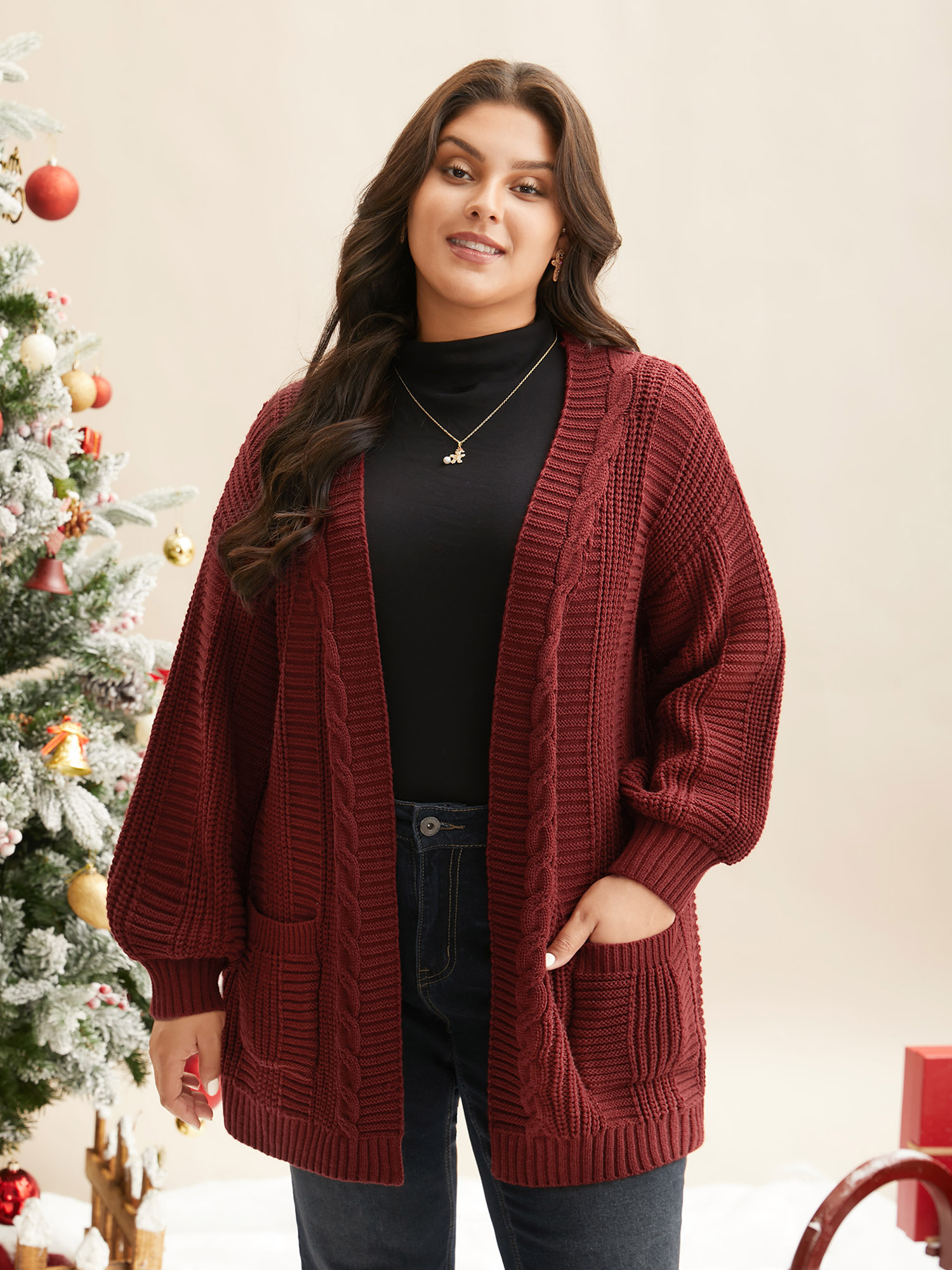 

Plus Size Cable Knit Ribbed Detailing Open Front Cardigan Deepred Women Casual Loose Long Sleeve Everyday Cardigans BloomChic