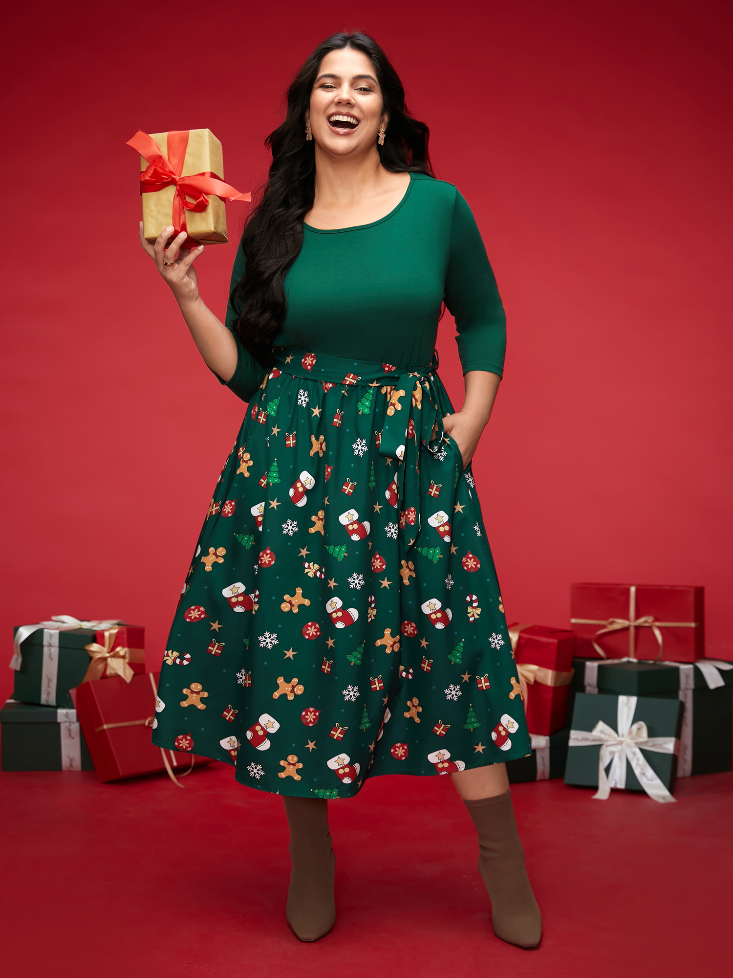 

Plus Size Holiday Everything Printed Skirt Fit-and-Flare Midi Dress DarkGreen Women Elegant Belted Round Neck Elbow-length sleeve Curvy BloomChic