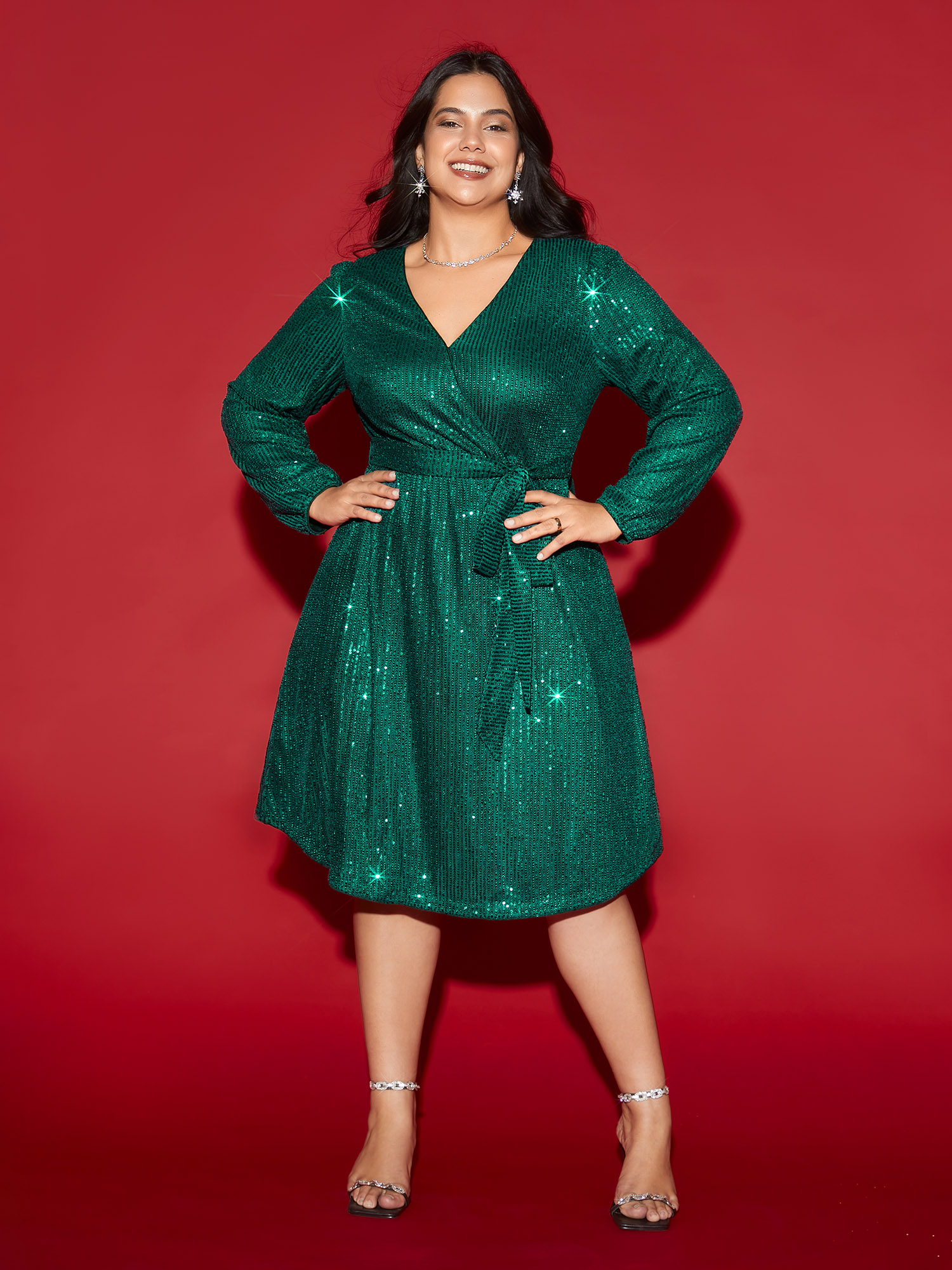 

Plus Size Shimmery Sequins Surplice Neckline Midi Dress DarkGreen Women Cocktail Texture Party Curvy Bloomchic