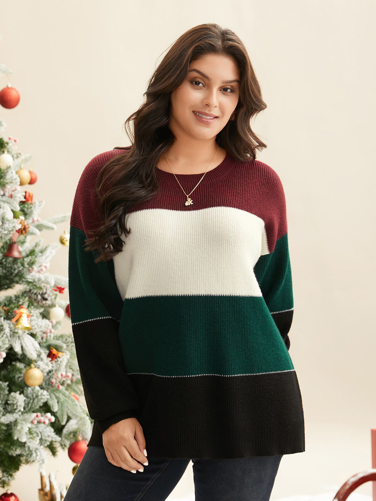 

Plus Size Supersoft Essentials Festive Color Block Straight Fit Pullover Multicolor Women Casual Loose Long Sleeve Round Neck Everyday Pullovers BloomChic