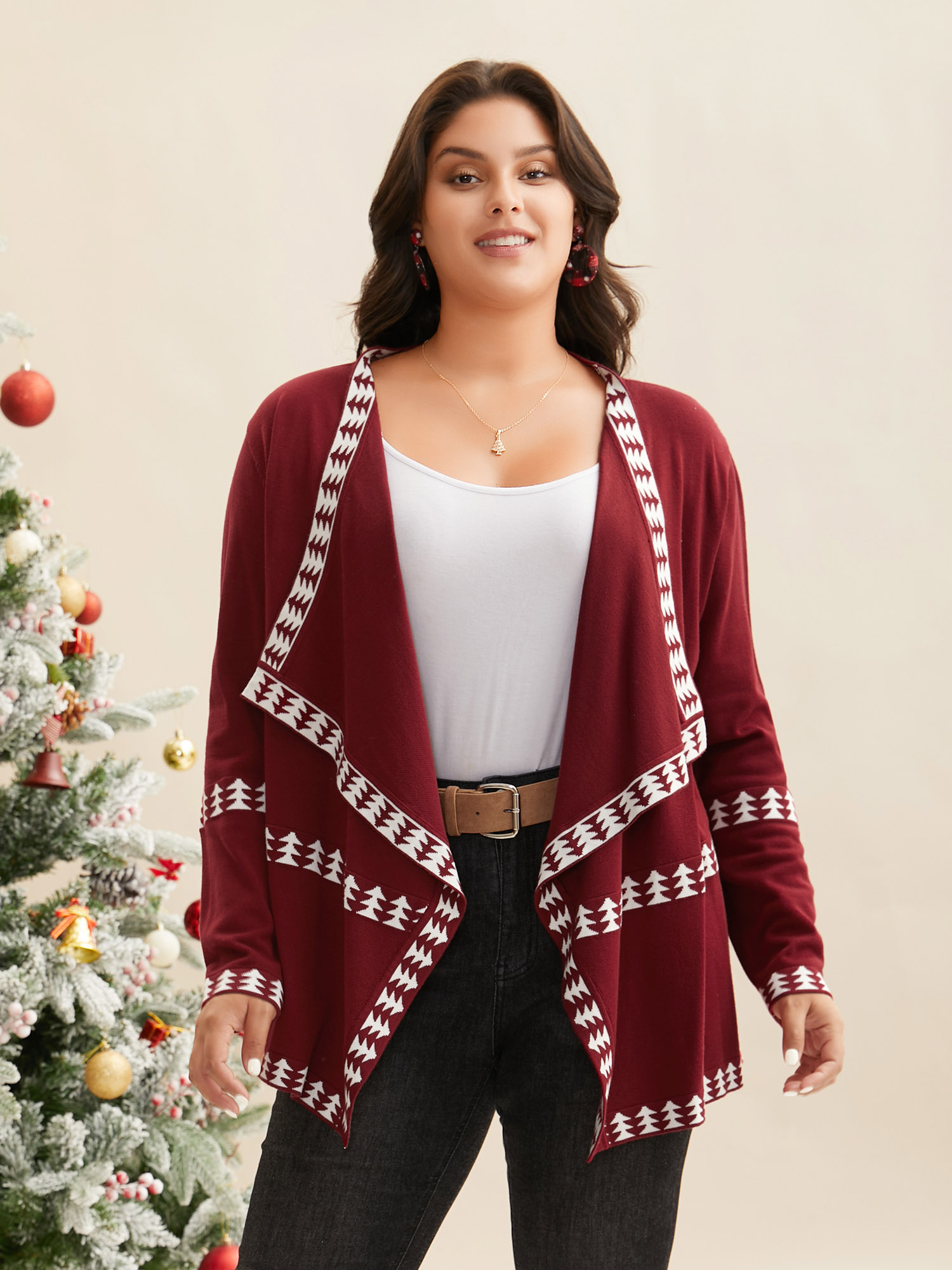 

Plus Size Holiday Pattern Hem Lapel Collar Knit Cardigan Burgundy Women Casual Loose Long Sleeve Everyday Cardigans BloomChic