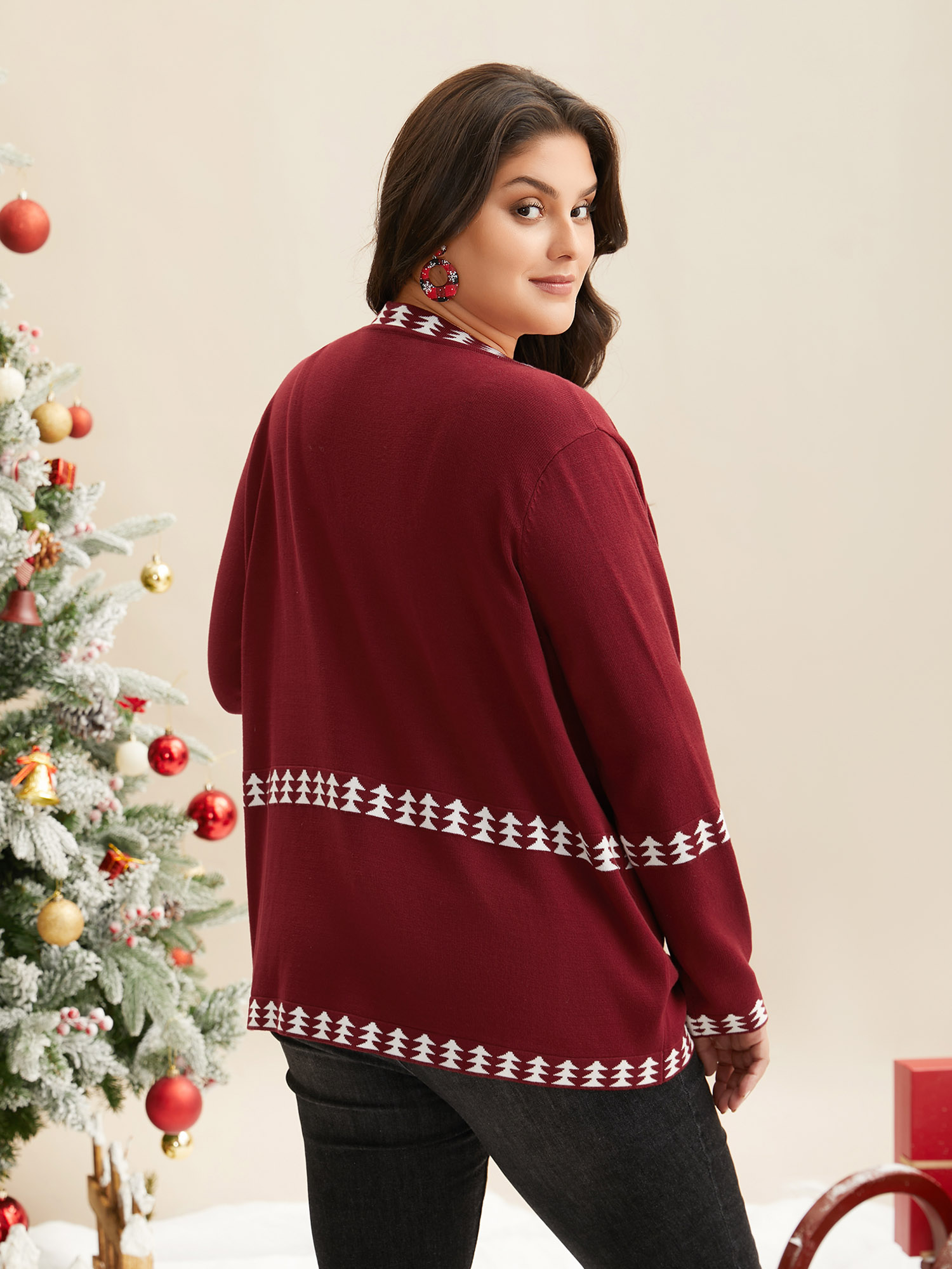 

Plus Size Holiday Pattern Hem Lapel Collar Knit Cardigan Burgundy Women Casual Loose Long Sleeve Everyday Cardigans BloomChic