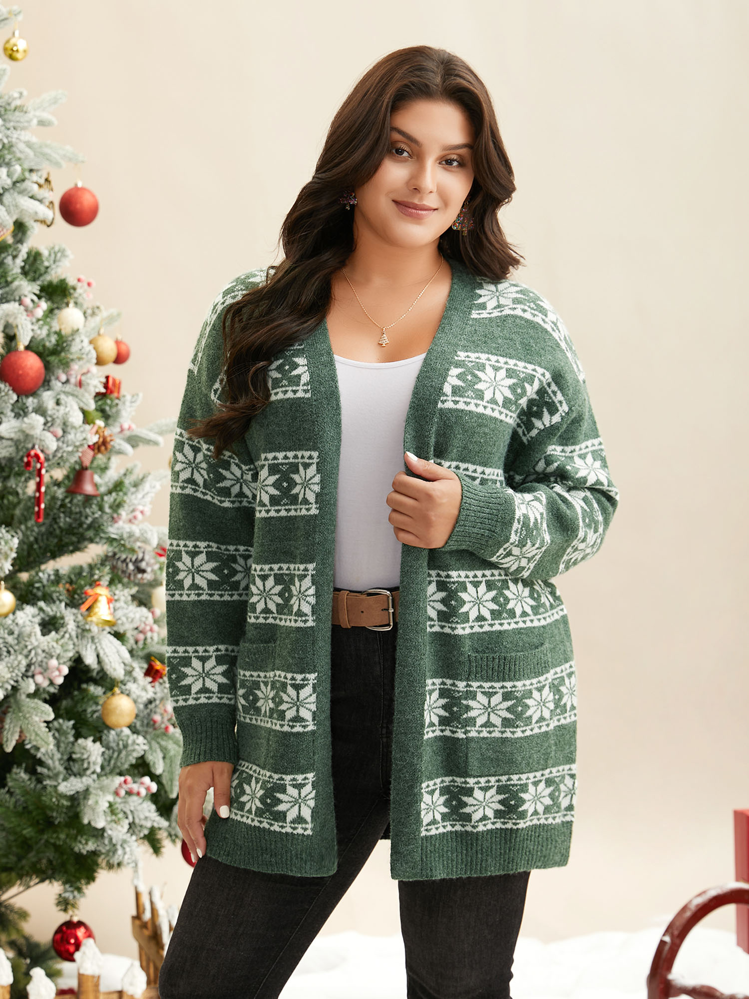 

Plus Size Snowflakes Striped Jacquard Open Cardigan Emerald Women Casual Loose Long Sleeve Everyday Cardigans BloomChic