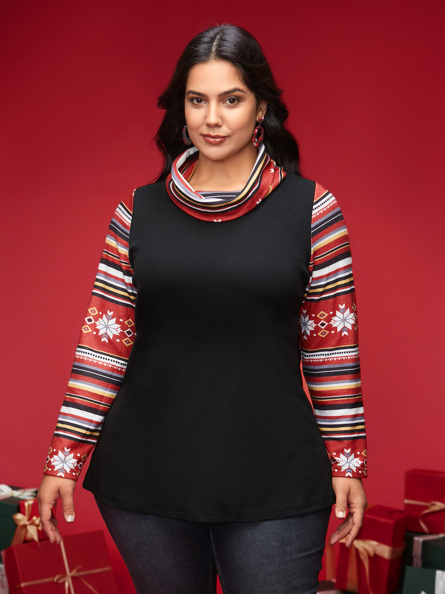 

Plus Size Soft Holiday Cheers Funnel Neck Tee Black Women Casual Contrast Ruffled collar Everyday T-shirts BloomChic