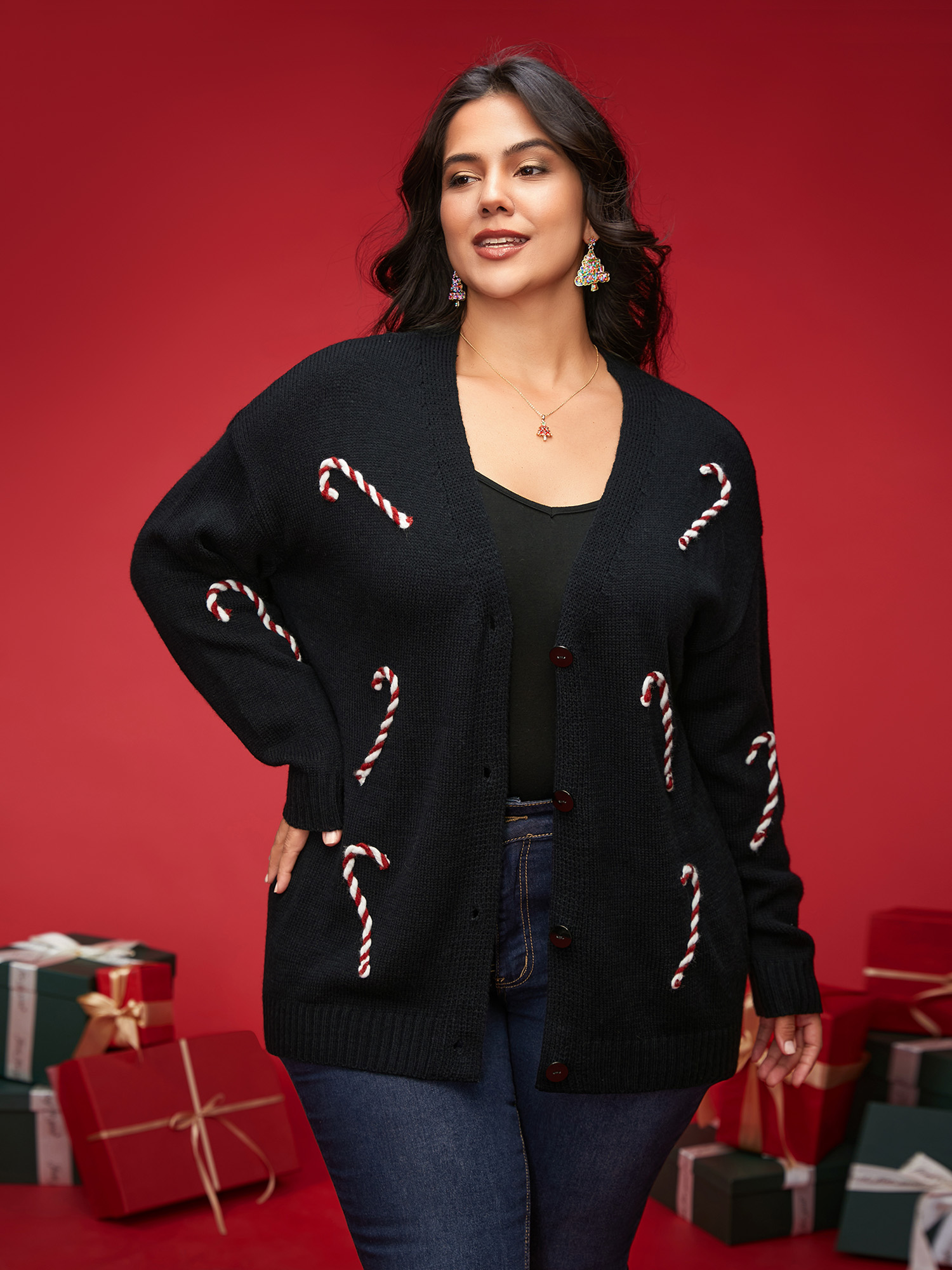 

Plus Size Hand Crocheted Candy Cane V-neck Cardigan Black Women Casual Loose Long Sleeve Everyday Cardigans BloomChic