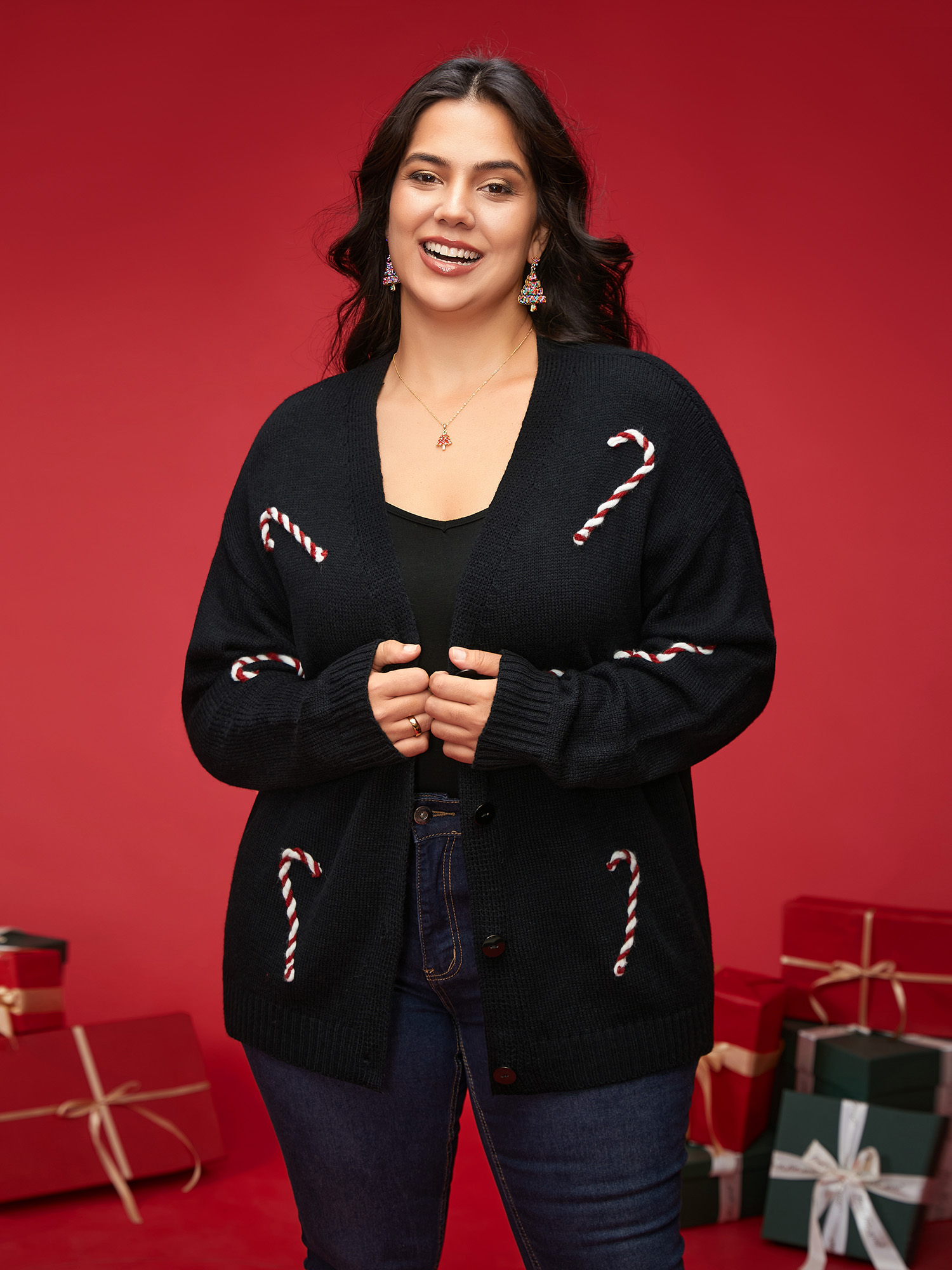Plus Size Hand Crocheted Candy Cane V-neck Cardigan Black Women Casual Loose Long Sleeve Everyday Cardigans BloomChic 22-24/3X 