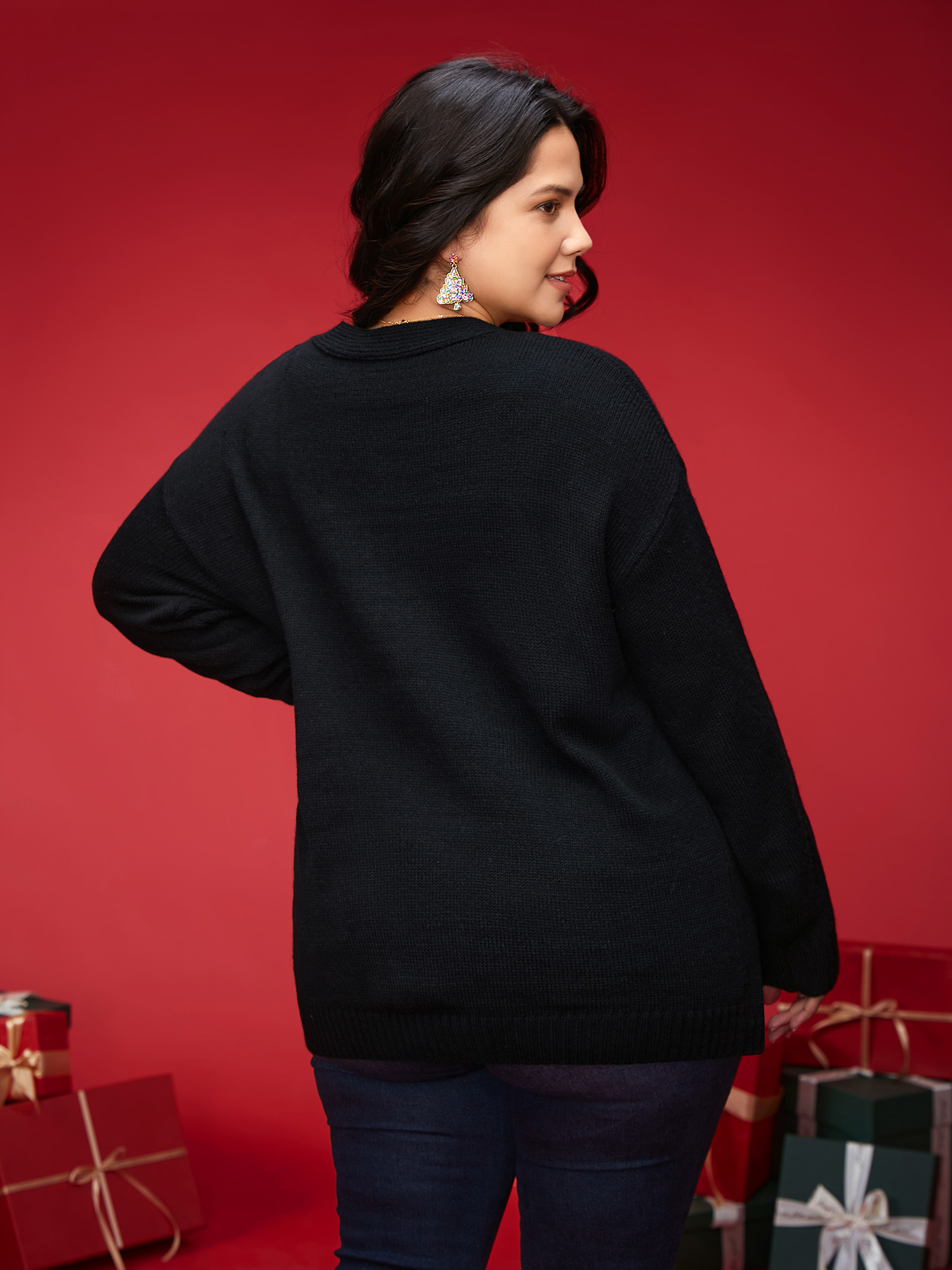 Plus Size Hand Crocheted Candy Cane V-neck Cardigan Black Women Casual Loose Long Sleeve Everyday Cardigans BloomChic 22-24/3X 