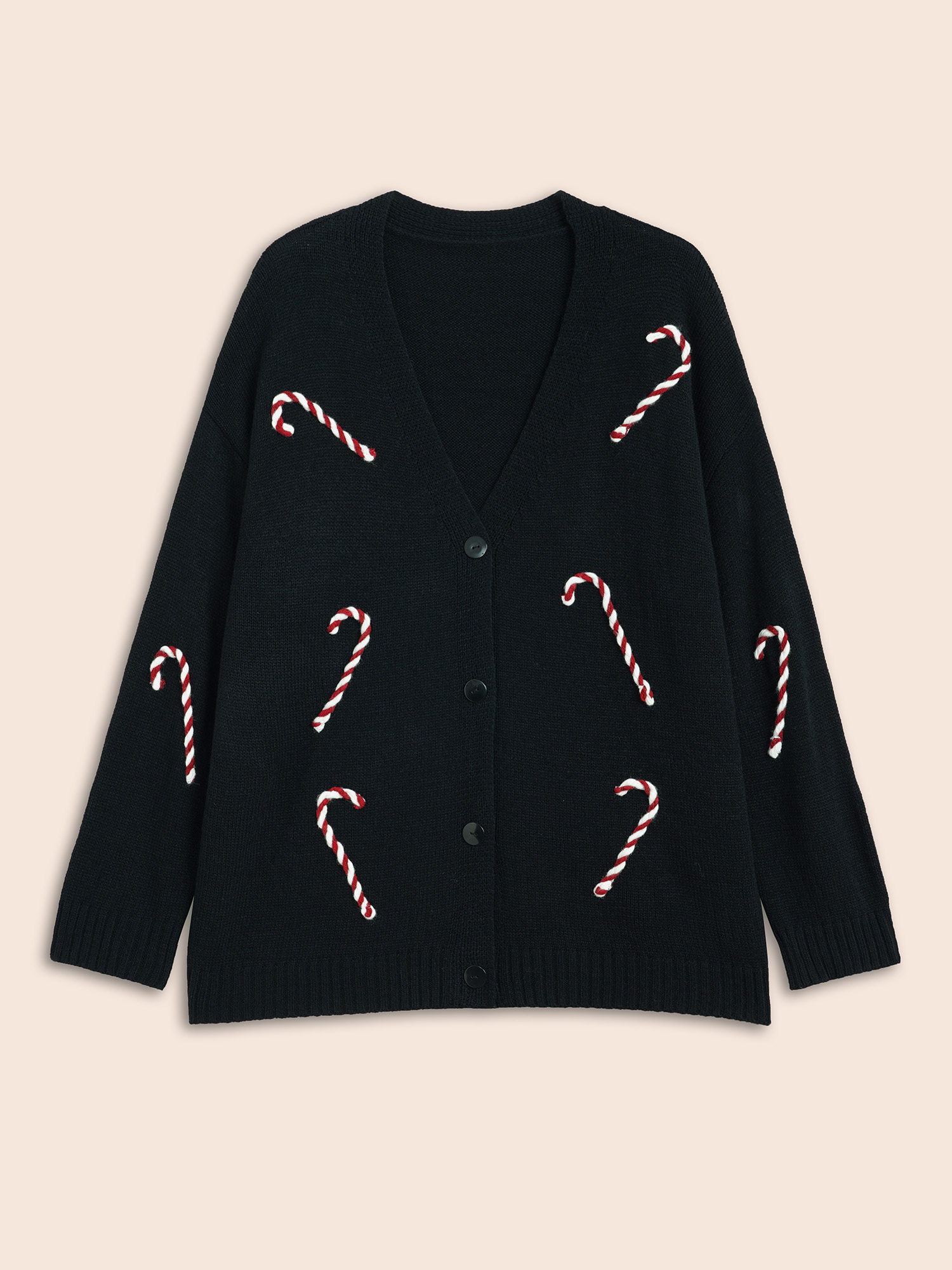 Plus Size Hand Crocheted Candy Cane V-neck Cardigan Black Women Casual Loose Long Sleeve Everyday Cardigans BloomChic 22-24/3X 