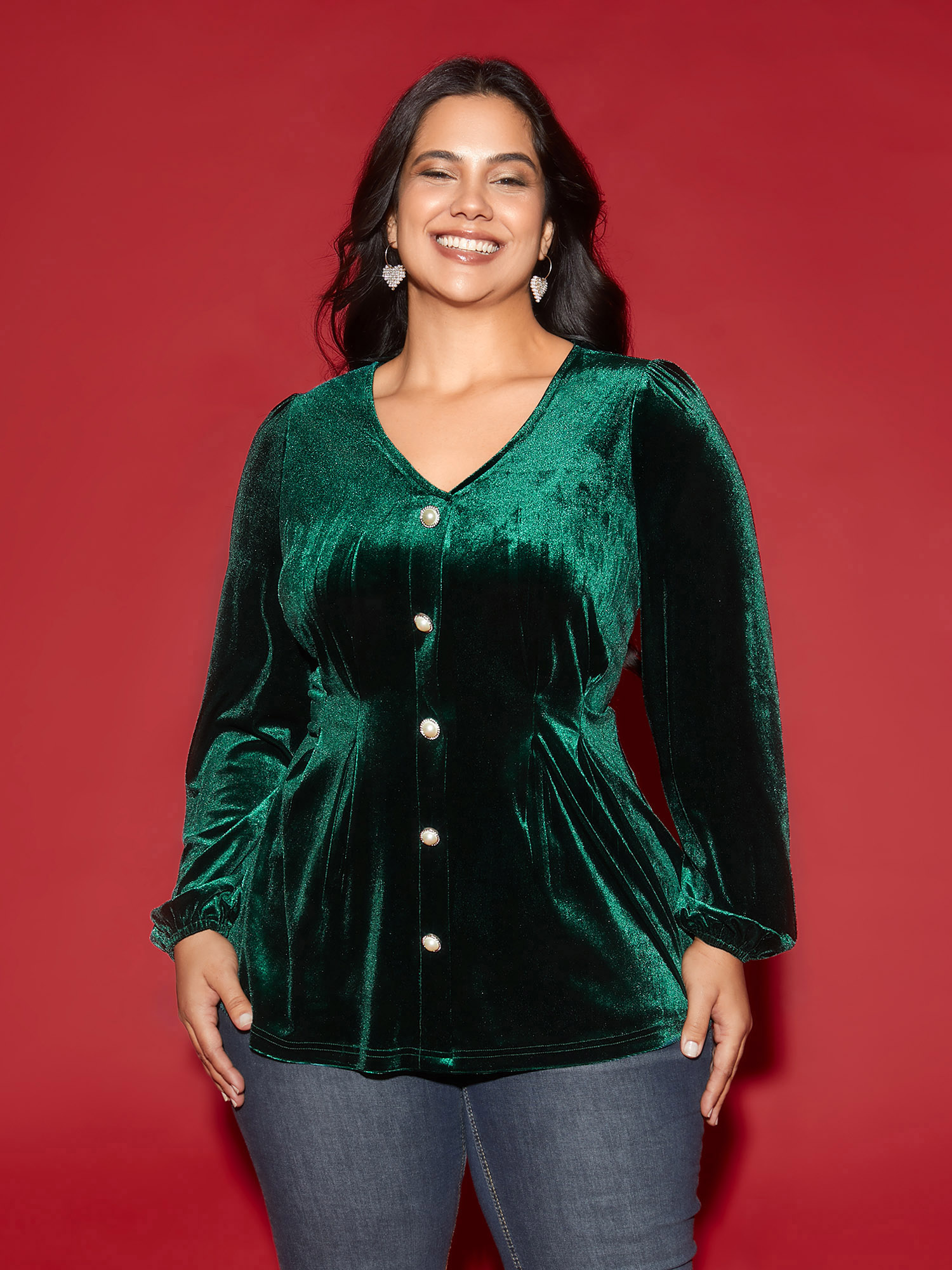 

Plus Size DarkGreen Velvet V-neck Button Front Blouse Women Cocktail Long Sleeve V-neck Party Blouses BloomChic