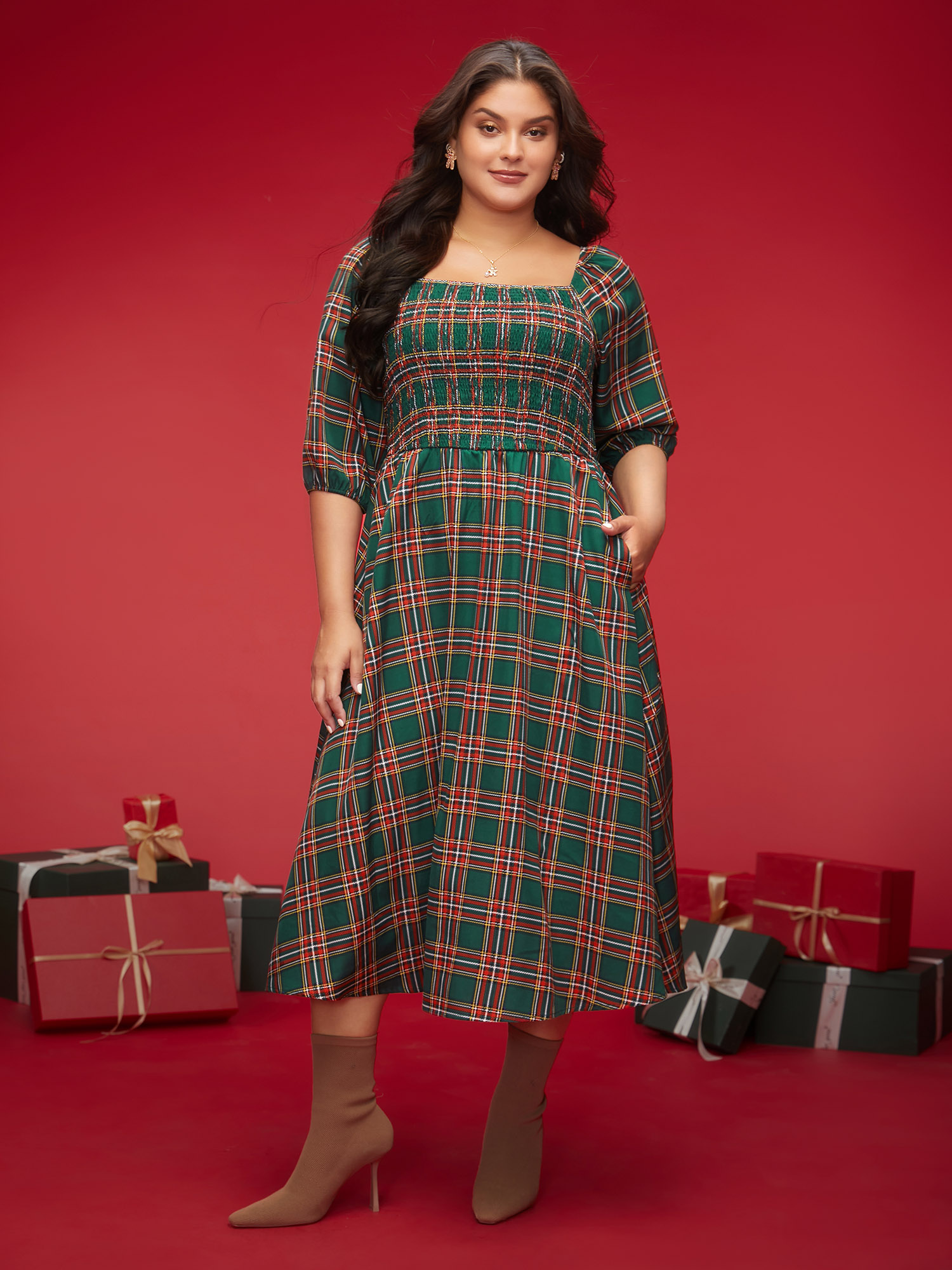 

Plus Size Square Neckline Plaid Smocked Bodice Midi Dress Emerald Women Casual Shirred Square Neck Elbow-length sleeve Curvy BloomChic