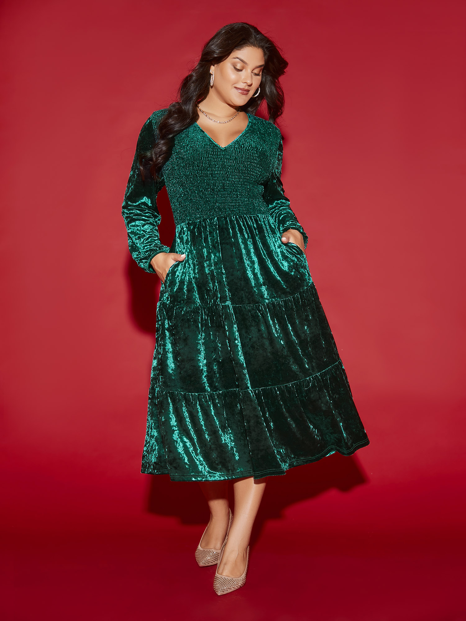 

Plus Size Velvet Smocked Bodice Tiered Hem Midi Dress Teal Women Elegant Texture Party Curvy Bloomchic