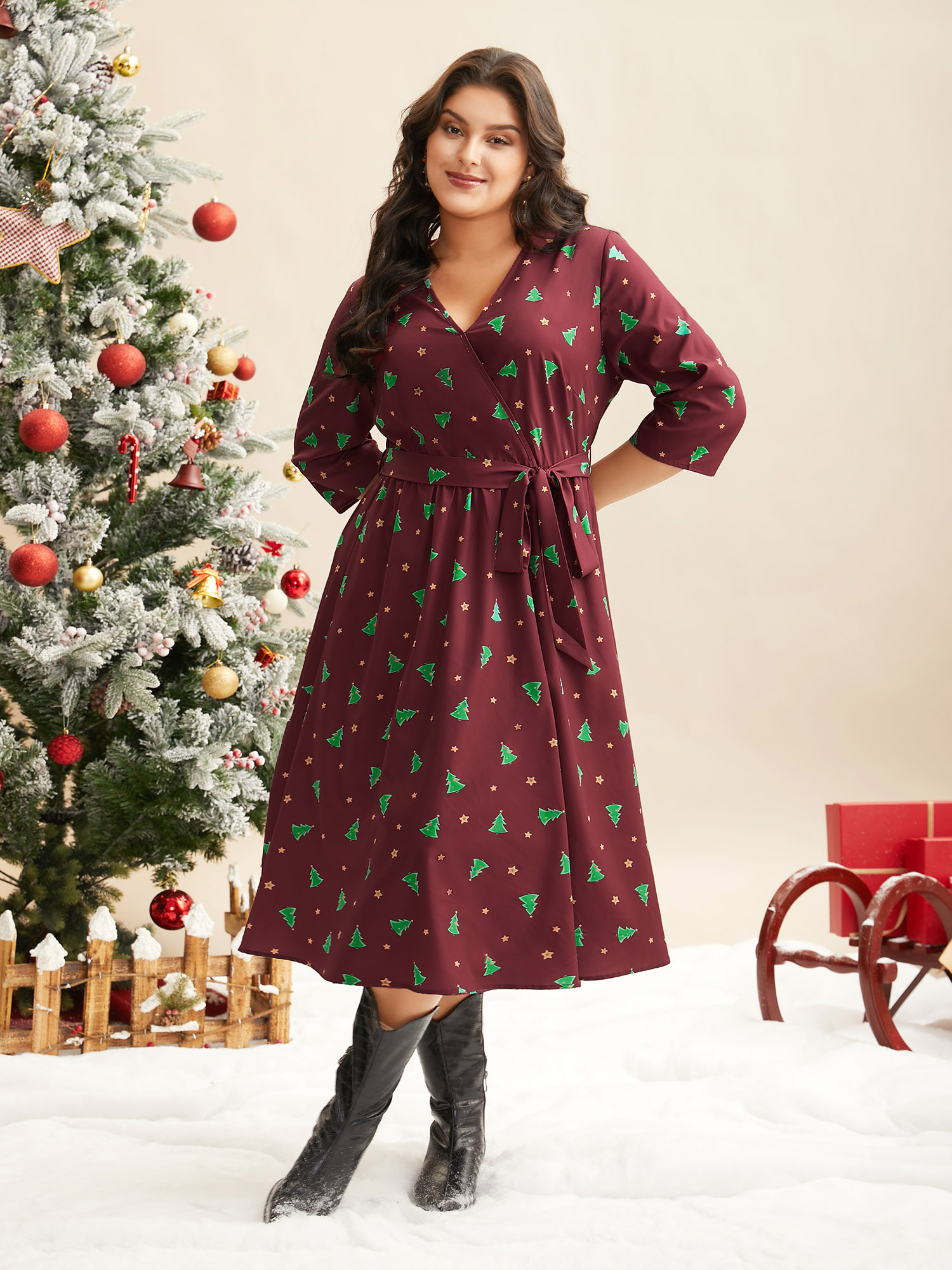 

Plus Size Trees And Stars Print Surplice Neckline Midi Dress Burgundy Women Elegant Belted Overlap Collar Elbow-length sleeve Curvy BloomChic