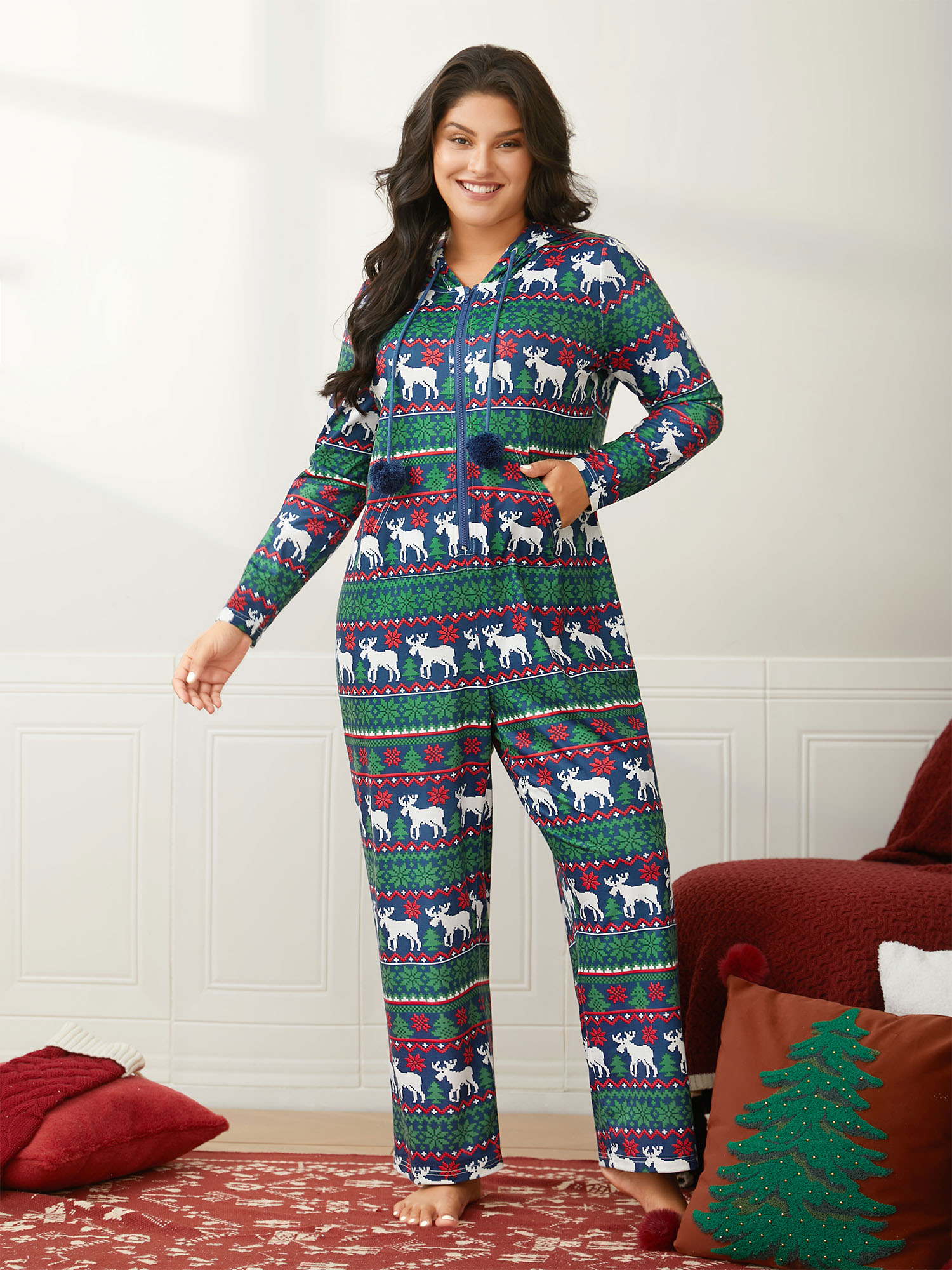 

Plus Size Holiday Printed Hooded Lounge Jumpsuit Navy Patch pocket Non Everyday Casual Sleep Jumpsuits/Rompers  Bloomchic